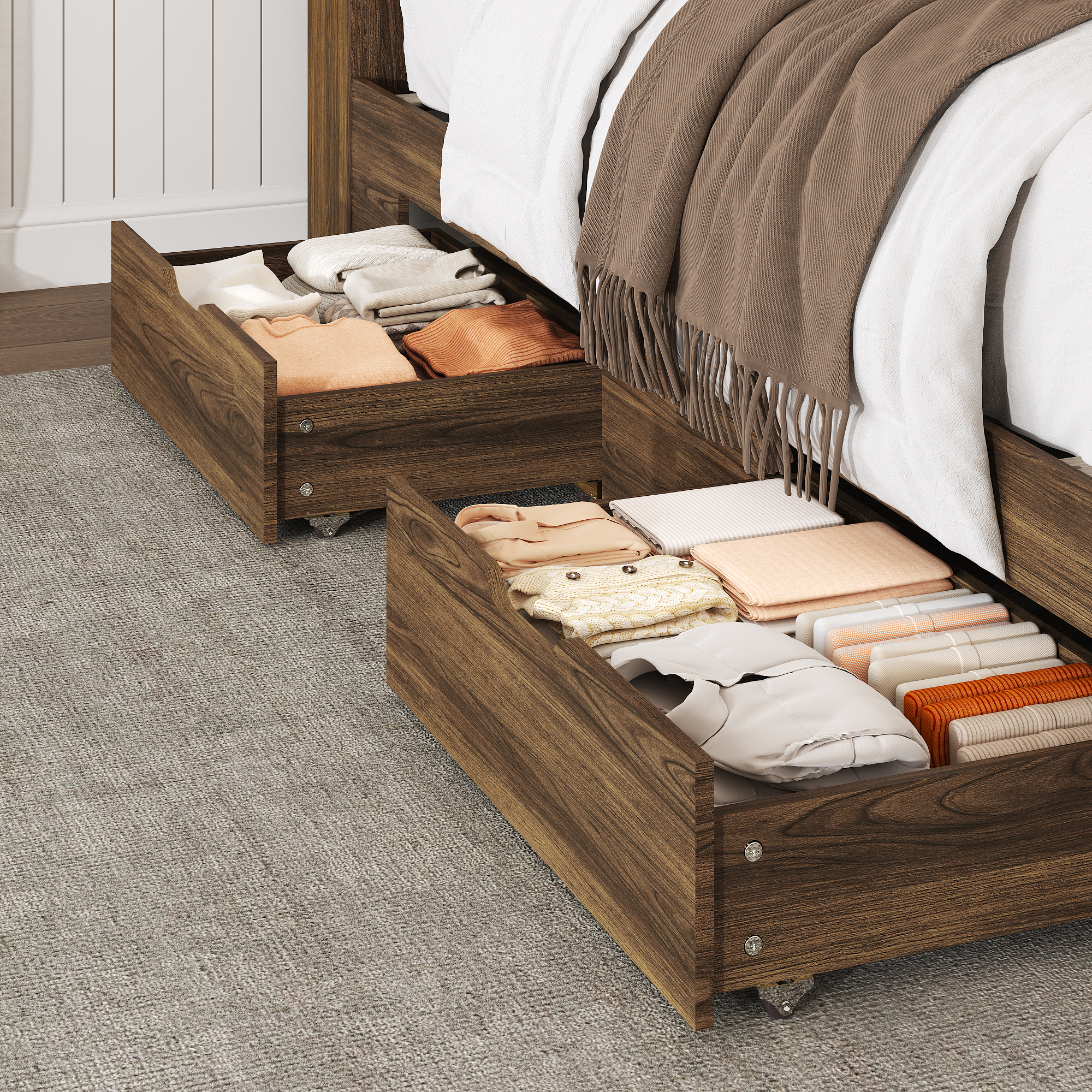 Farmhouse King Size Bed Frame with 51" Tall Headboard & 4 Drawers, King Bed Frame and Headboard with LED Lights & Charging Ports, No Box Spring Needed, Wooden