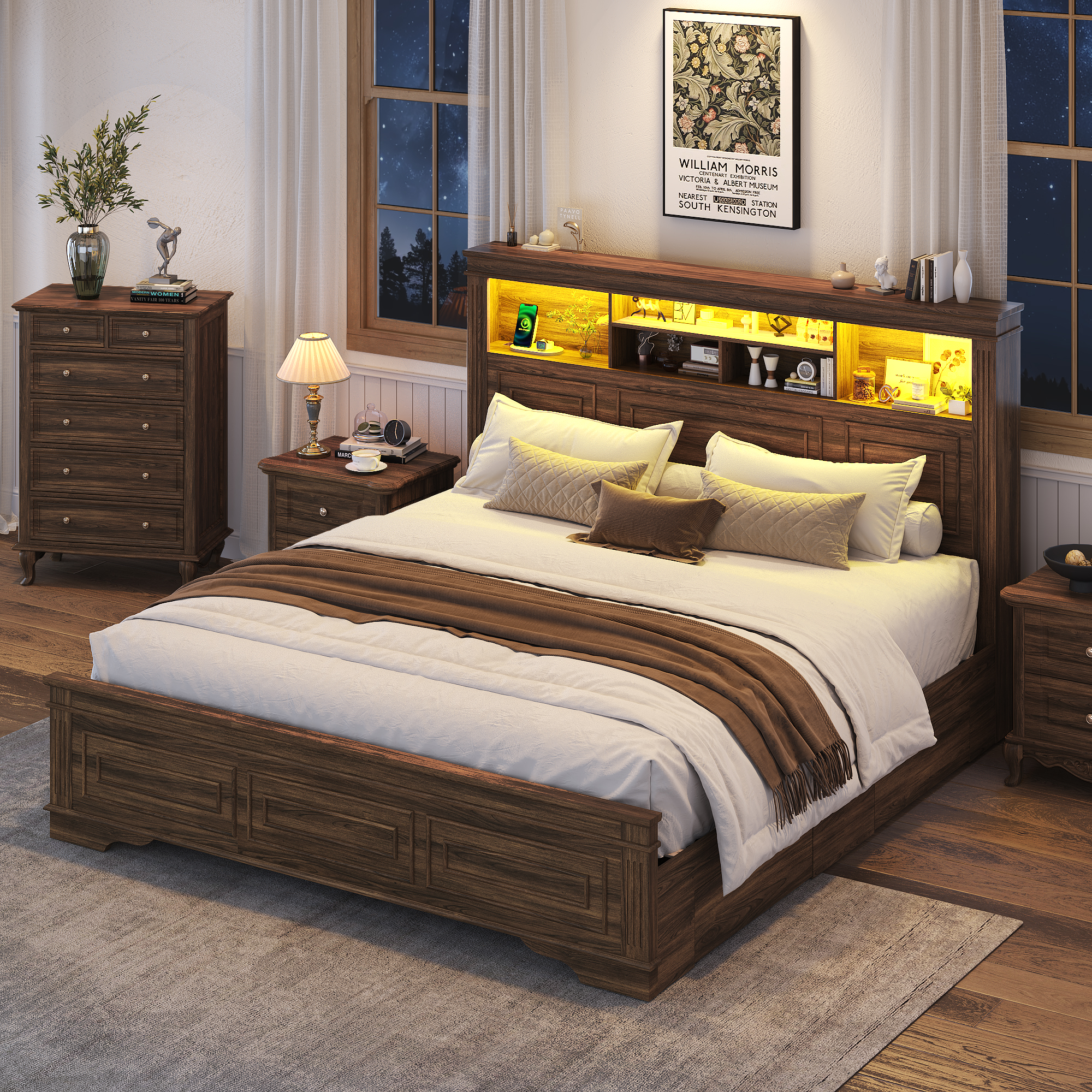 Farmhouse King Size Bed Frame with 51" Tall Headboard & 4 Drawers, King Bed Frame and Headboard with LED Lights & Charging Ports, No Box Spring Needed, Wooden