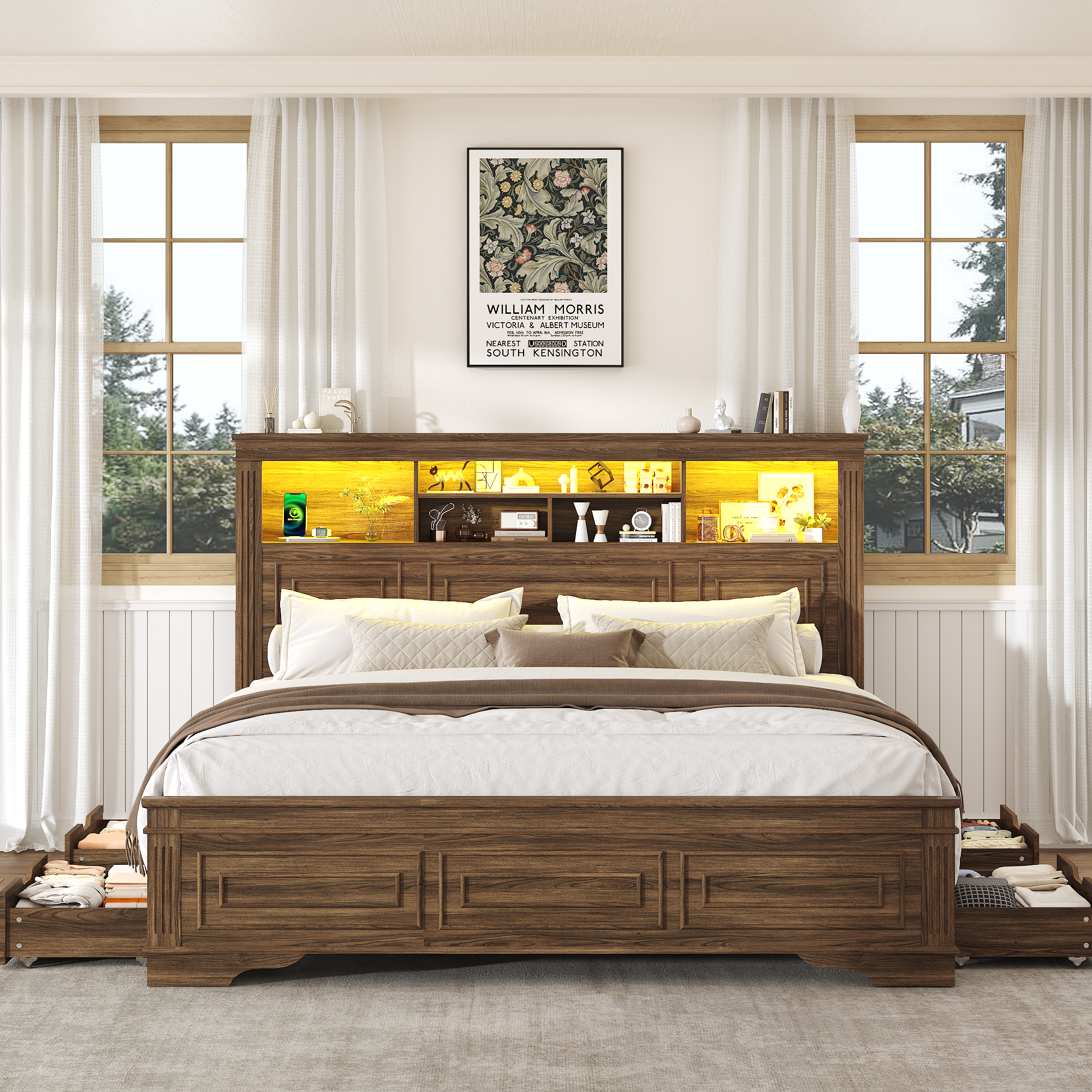 Farmhouse King Size Bed Frame with 51" Tall Headboard & 4 Drawers, King Bed Frame and Headboard with LED Lights & Charging Ports, No Box Spring Needed, Wooden