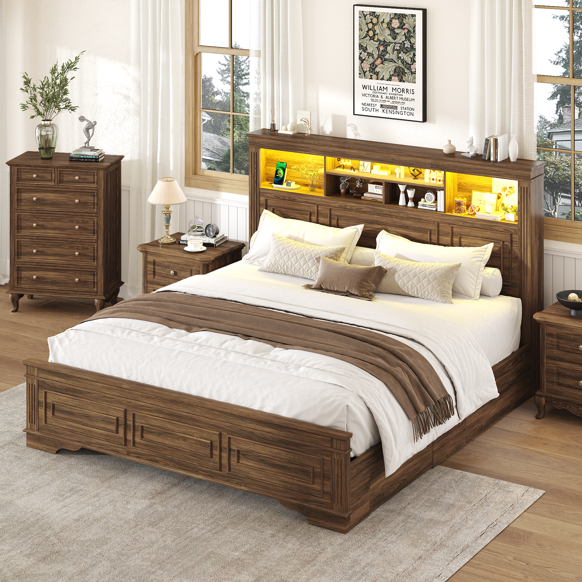 Farmhouse King Size Bed Frame with 51" Tall Headboard & 4 Drawers, King Bed Frame and Headboard with LED Lights & Charging Ports, No Box Spring Needed, Wooden