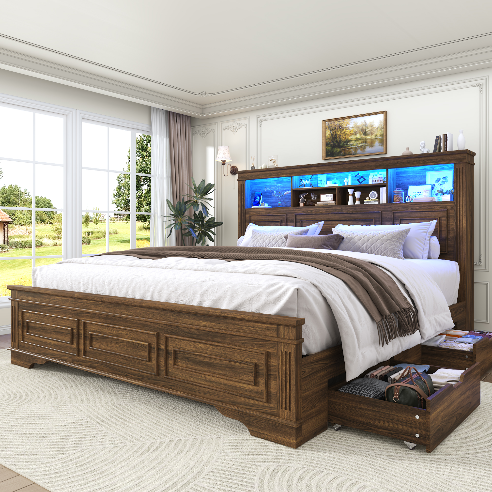 Farmhouse King Size Bed Frame with 51" Tall Headboard & 4 Drawers, King Bed Frame and Headboard with LED Lights & Charging Ports, No Box Spring Needed, Wooden