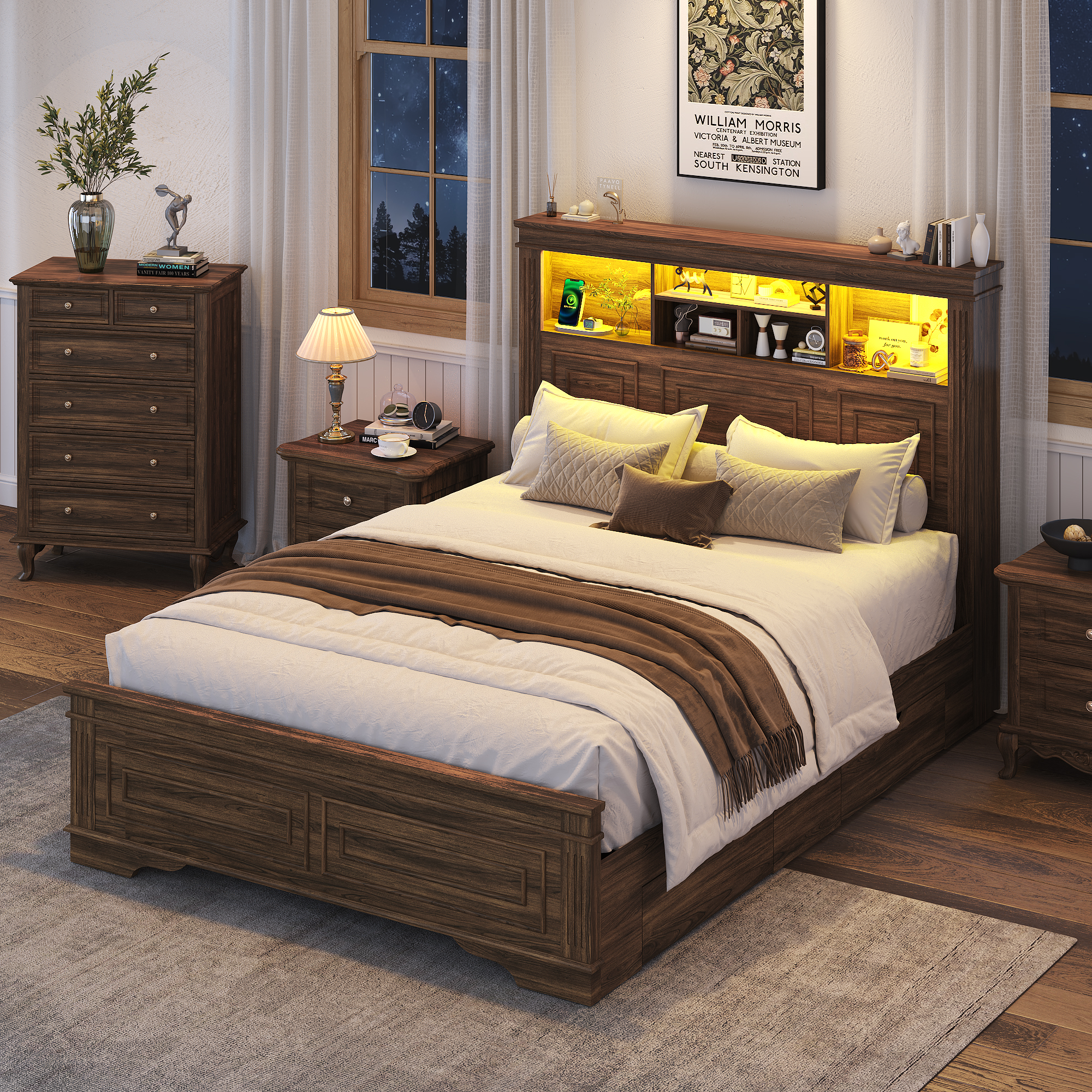ANPOO Farmhouse Queen Size Bed Frame with 51" Tall Headboard & 4 Drawers, Queen Bed Frame and Headboard with LED Lights & Charging Ports, No Box Spring Needed, Wooden