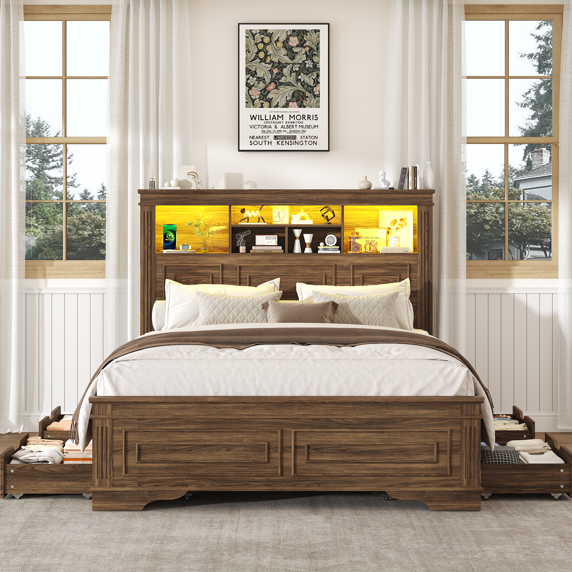 ANPOO Farmhouse Queen Size Bed Frame with 51" Tall Headboard & 4 Drawers, Queen Bed Frame and Headboard with LED Lights & Charging Ports, No Box Spring Needed, Wooden