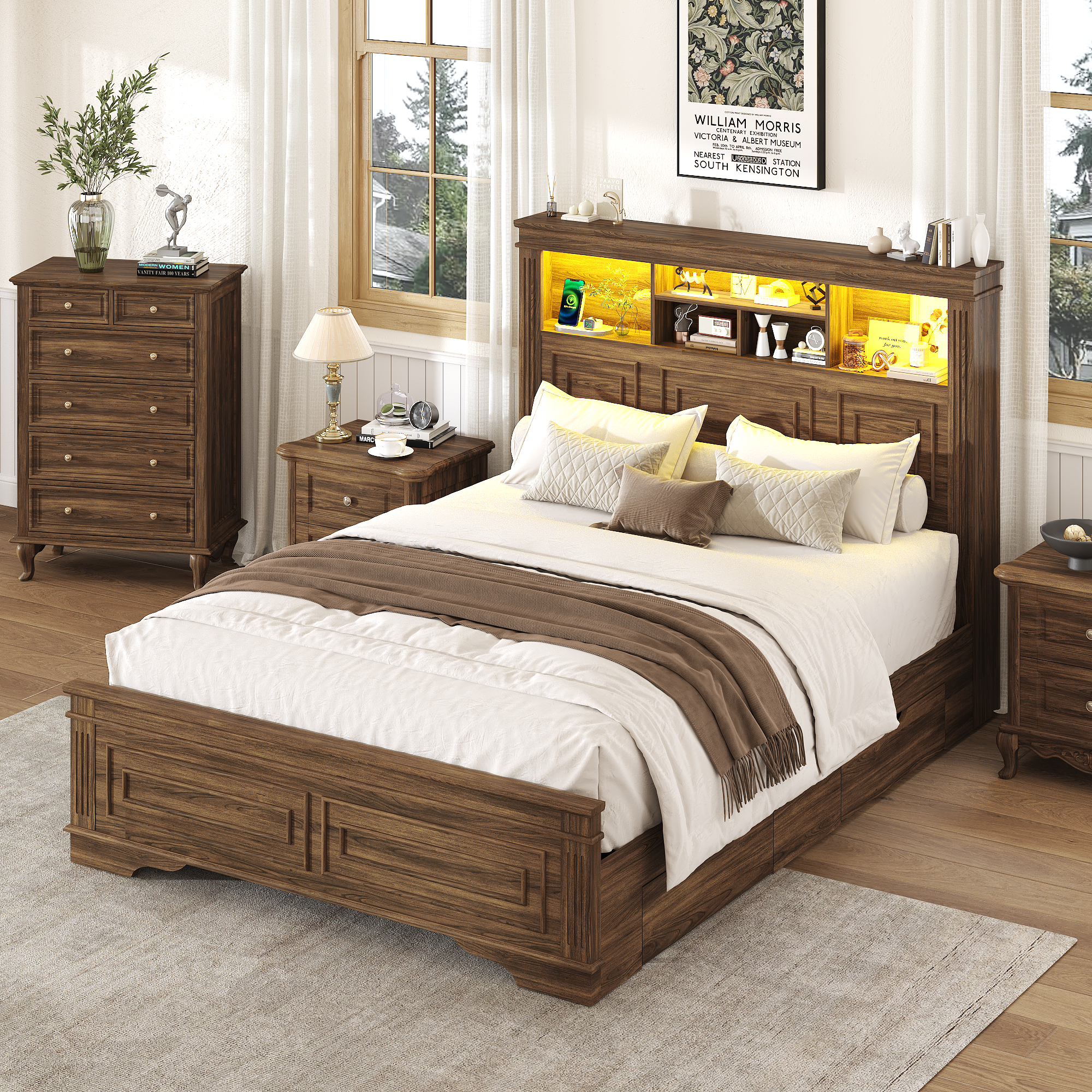 ANPOO Farmhouse Queen Size Bed Frame with 51" Tall Headboard & 4 Drawers, Queen Bed Frame and Headboard with LED Lights & Charging Ports, No Box Spring Needed, Wooden