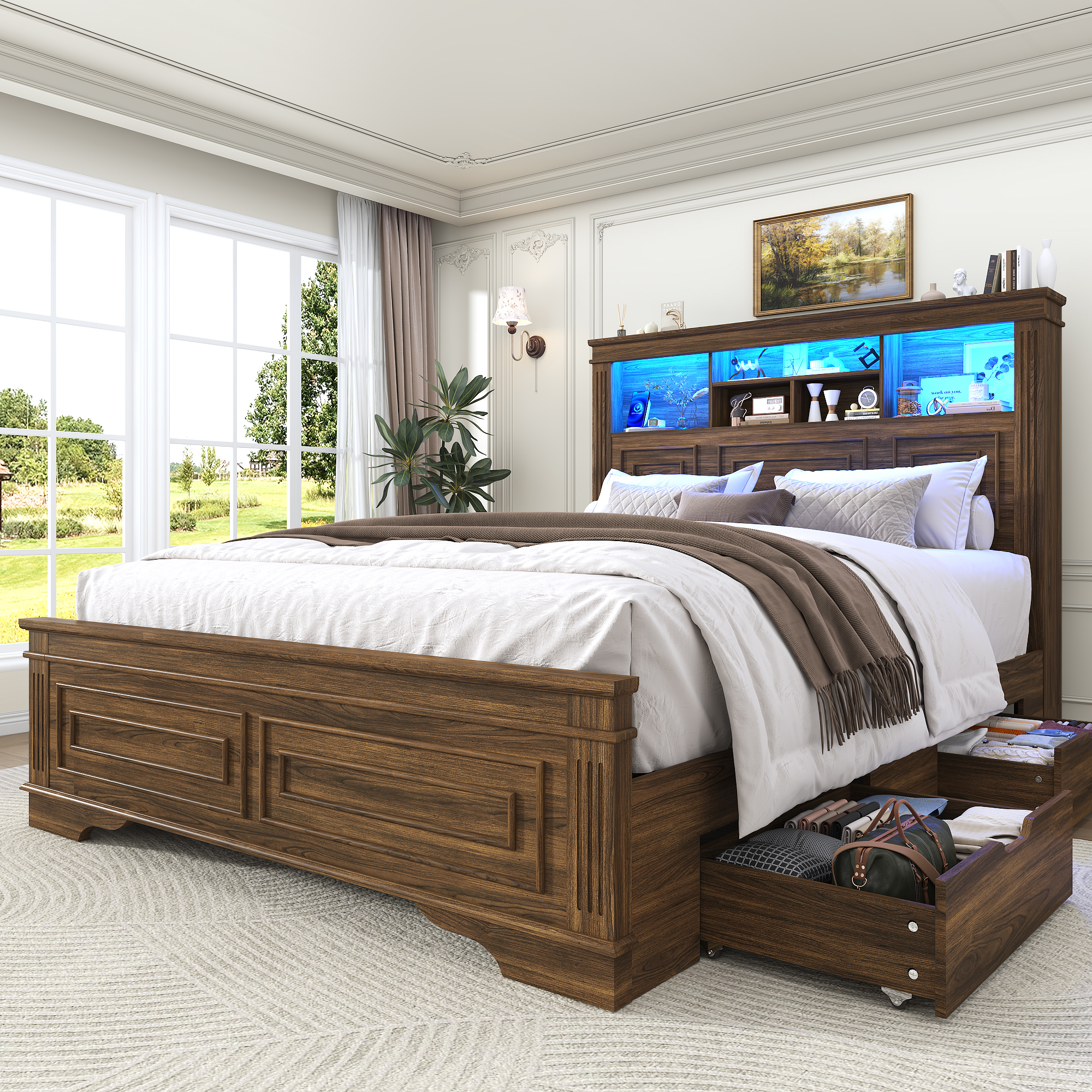 ANPOO Farmhouse Queen Size Bed Frame with 51" Tall Headboard & 4 Drawers, Queen Bed Frame and Headboard with LED Lights & Charging Ports, No Box Spring Needed, Wooden