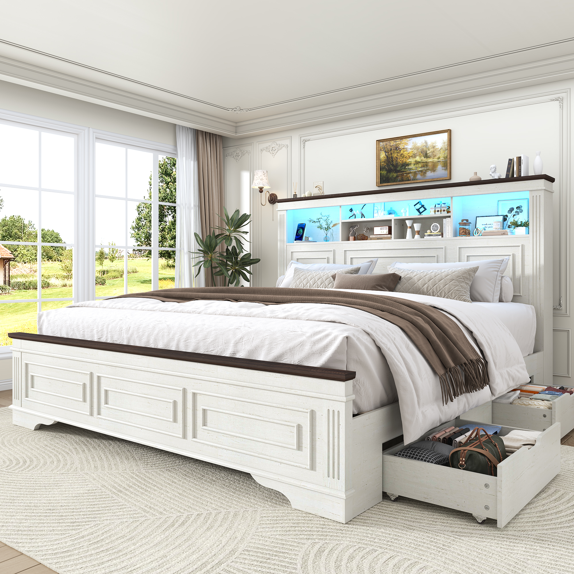 Farmhouse King Size Bed Frame with 51" Tall Headboard & 4 Drawers, King Bed Frame and Headboard with LED Lights & Charging Ports, No Box Spring Needed, Wooden