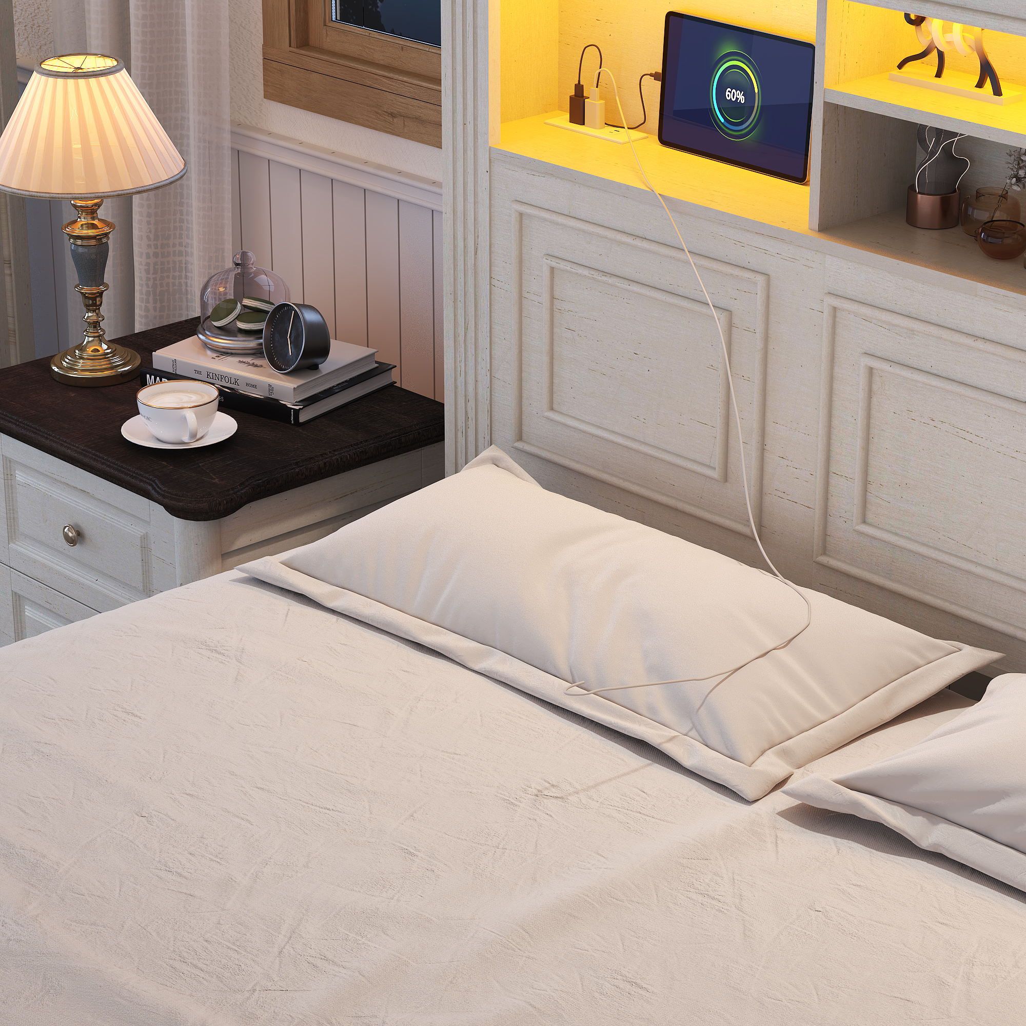 Farmhouse King Size Bed Frame with 51" Tall Headboard & 4 Drawers, King Bed Frame and Headboard with LED Lights & Charging Ports, No Box Spring Needed, Wooden