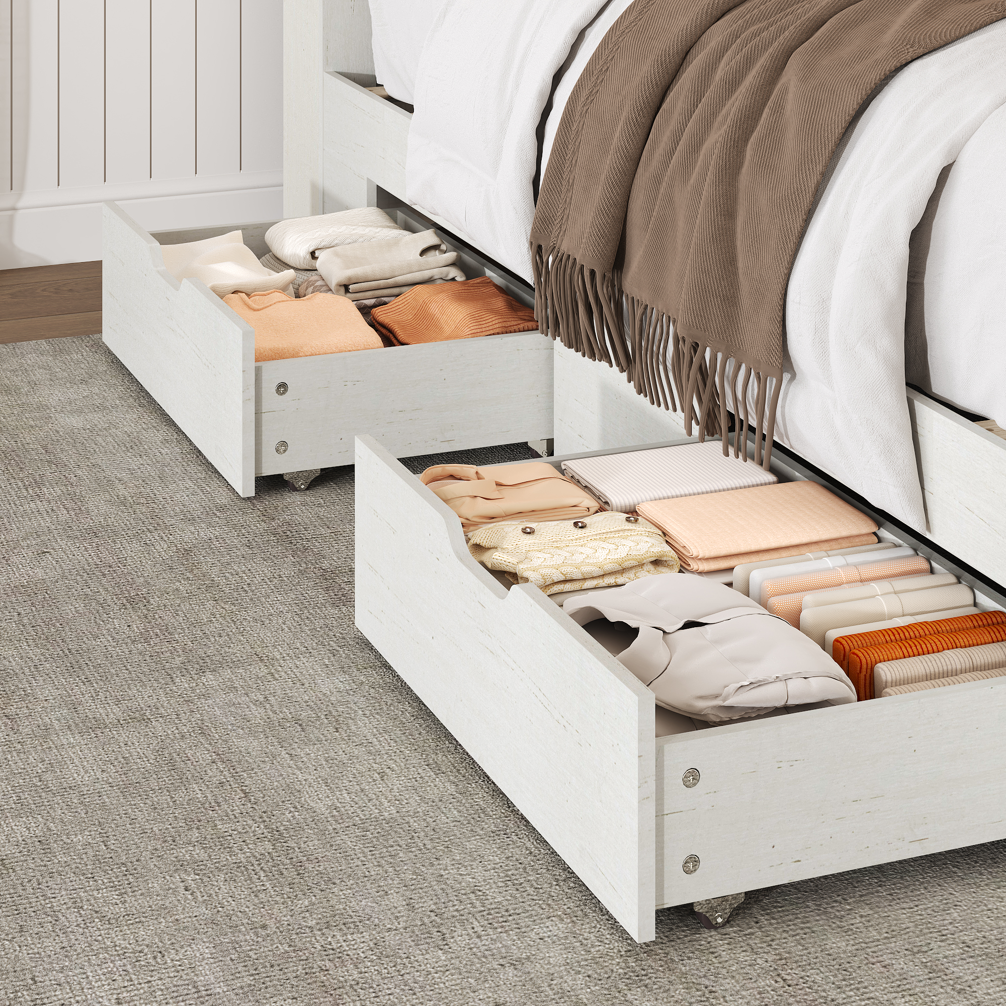 Farmhouse King Size Bed Frame with 51" Tall Headboard & 4 Drawers, King Bed Frame and Headboard with LED Lights & Charging Ports, No Box Spring Needed, Wooden