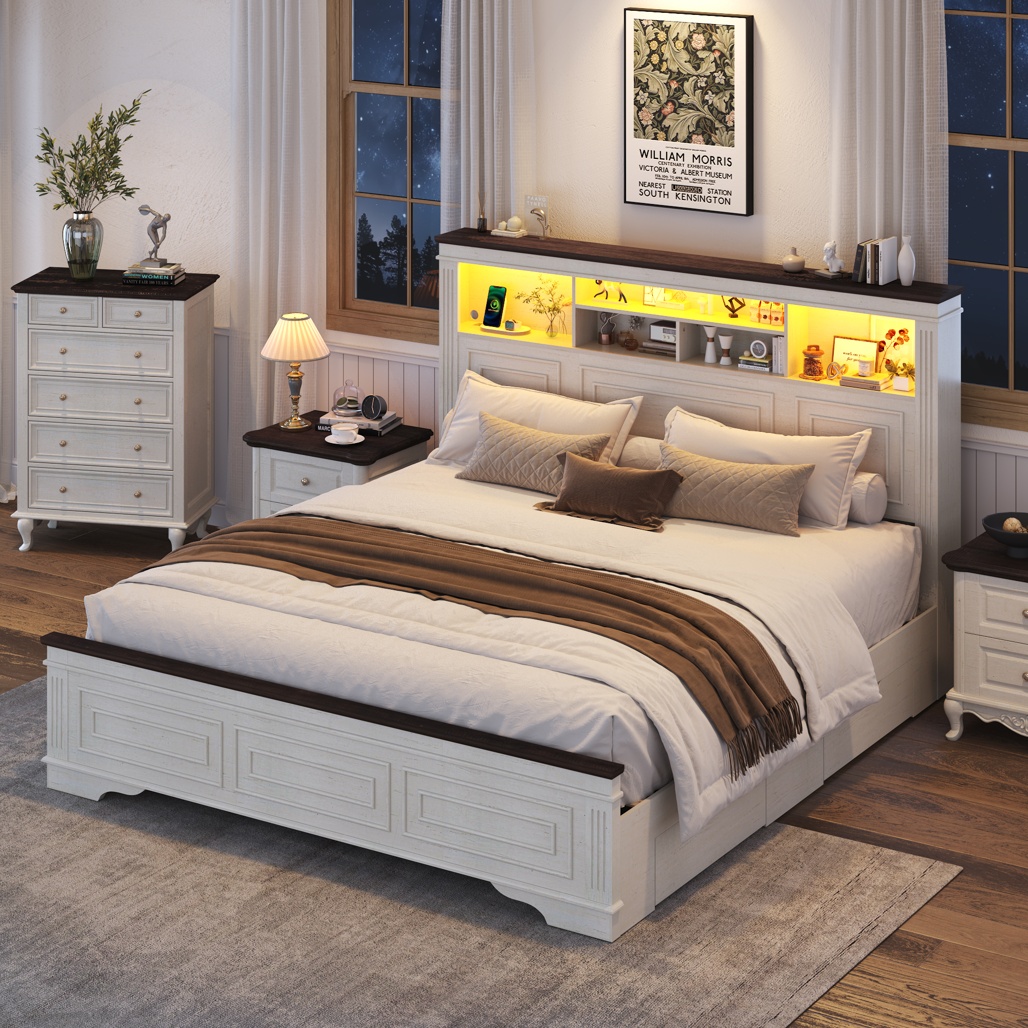 Farmhouse King Size Bed Frame with 51" Tall Headboard & 4 Drawers, King Bed Frame and Headboard with LED Lights & Charging Ports, No Box Spring Needed, Wooden