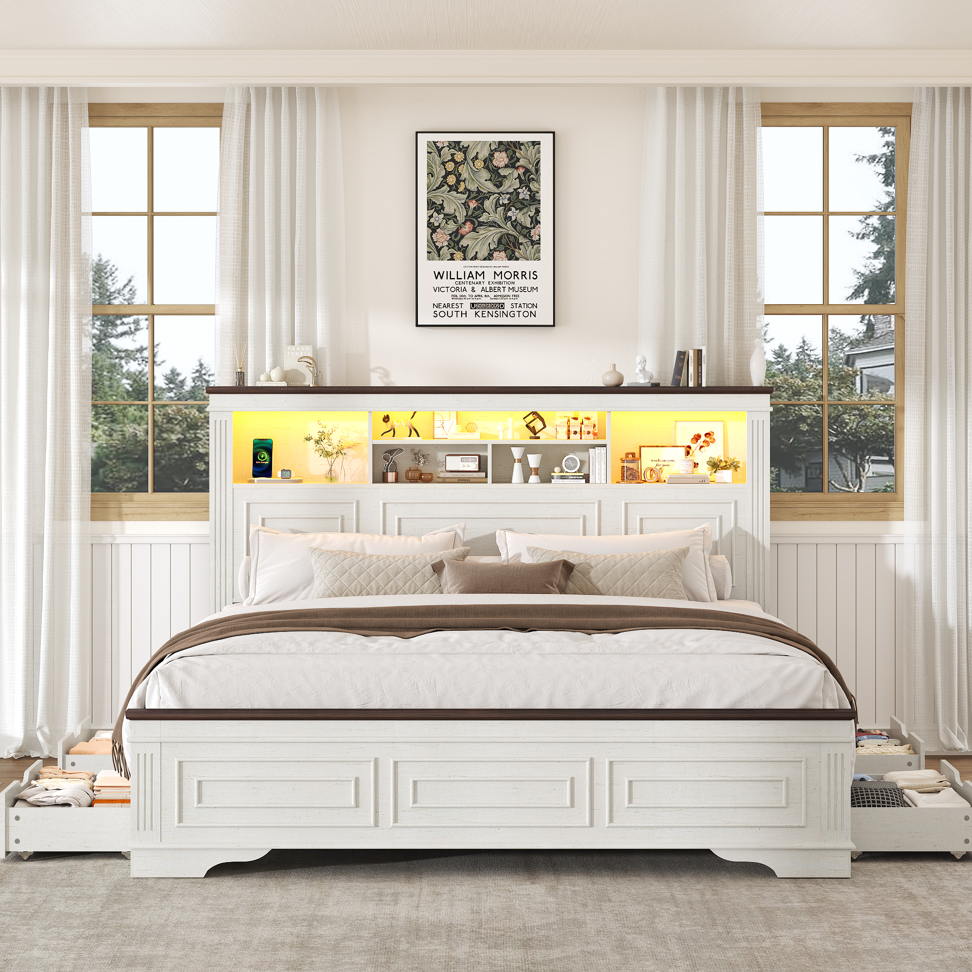 Farmhouse King Size Bed Frame with 51" Tall Headboard & 4 Drawers, King Bed Frame and Headboard with LED Lights & Charging Ports, No Box Spring Needed, Wooden