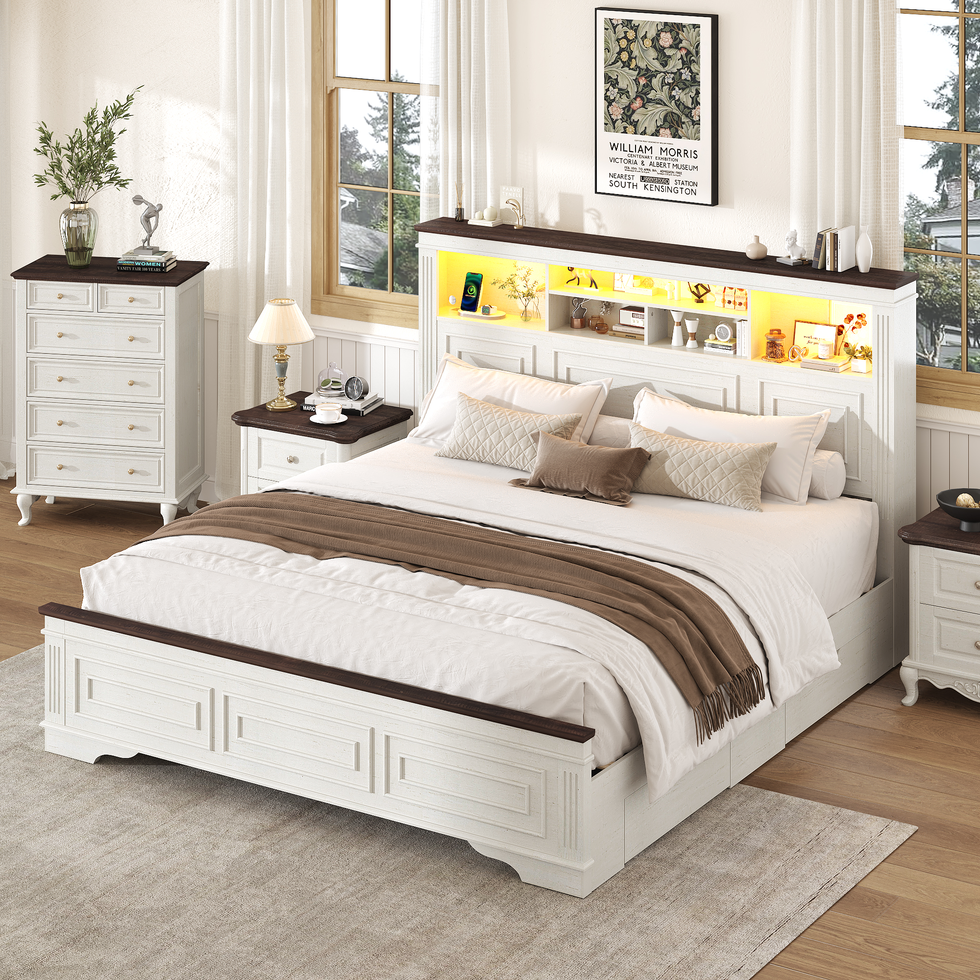 Farmhouse King Size Bed Frame with 51" Tall Headboard & 4 Drawers, King Bed Frame and Headboard with LED Lights & Charging Ports, No Box Spring Needed, Wooden