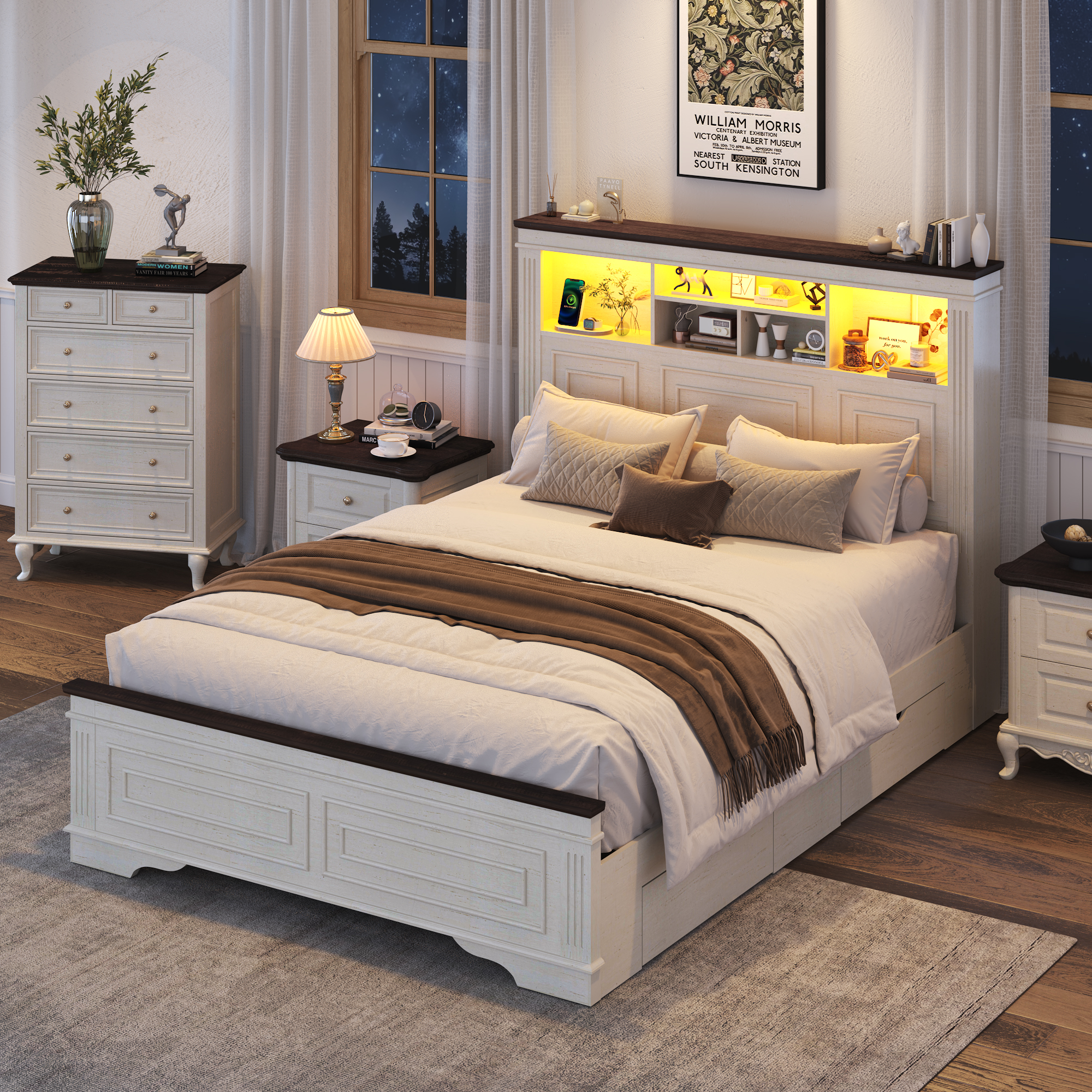 ANPOO Farmhouse Queen Size Bed Frame with 51" Tall Headboard & 4 Drawers, Queen Bed Frame and Headboard with LED Lights & Charging Ports, No Box Spring Needed, Wooden