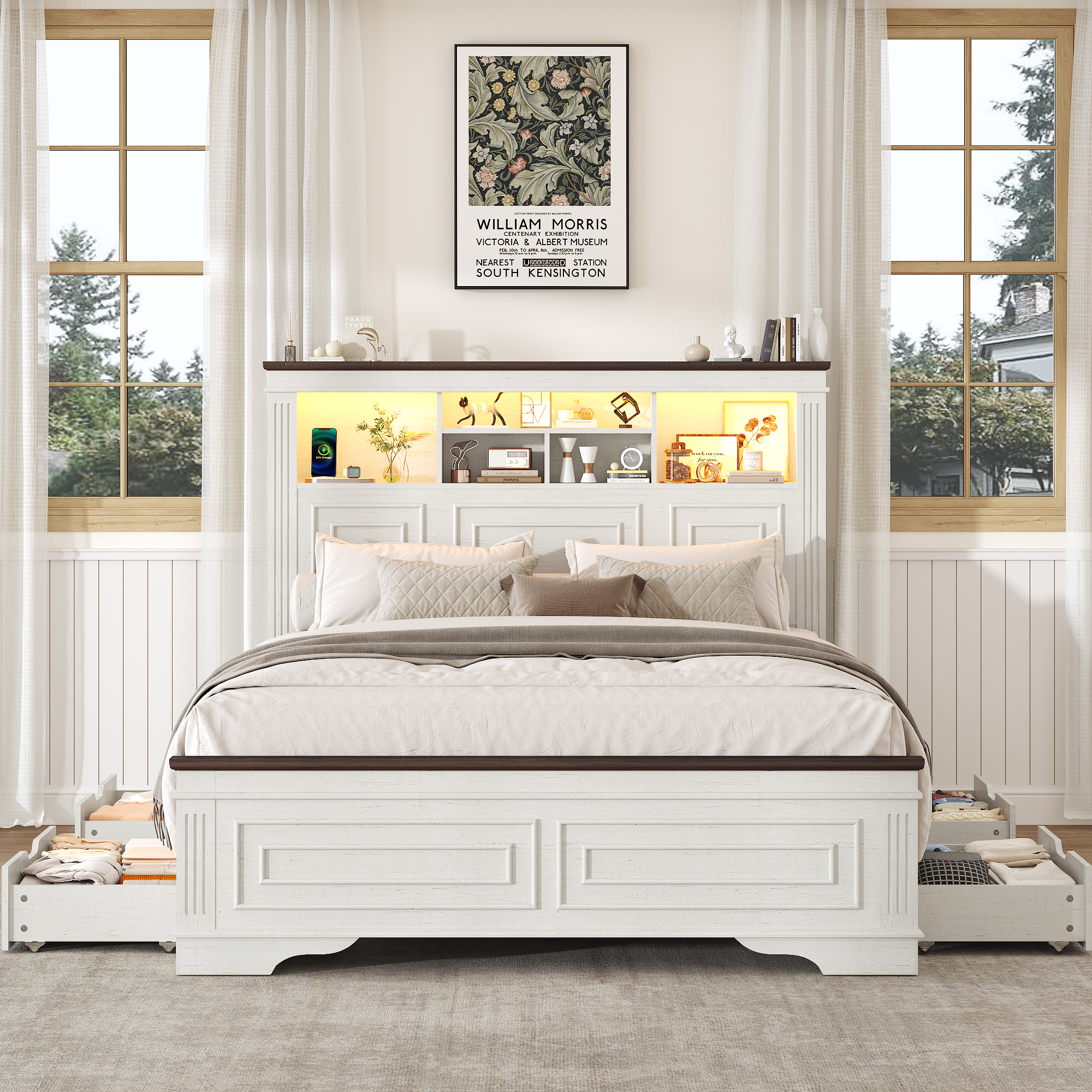 ANPOO Farmhouse Queen Size Bed Frame with 51" Tall Headboard & 4 Drawers, Queen Bed Frame and Headboard with LED Lights & Charging Ports, No Box Spring Needed, Wooden