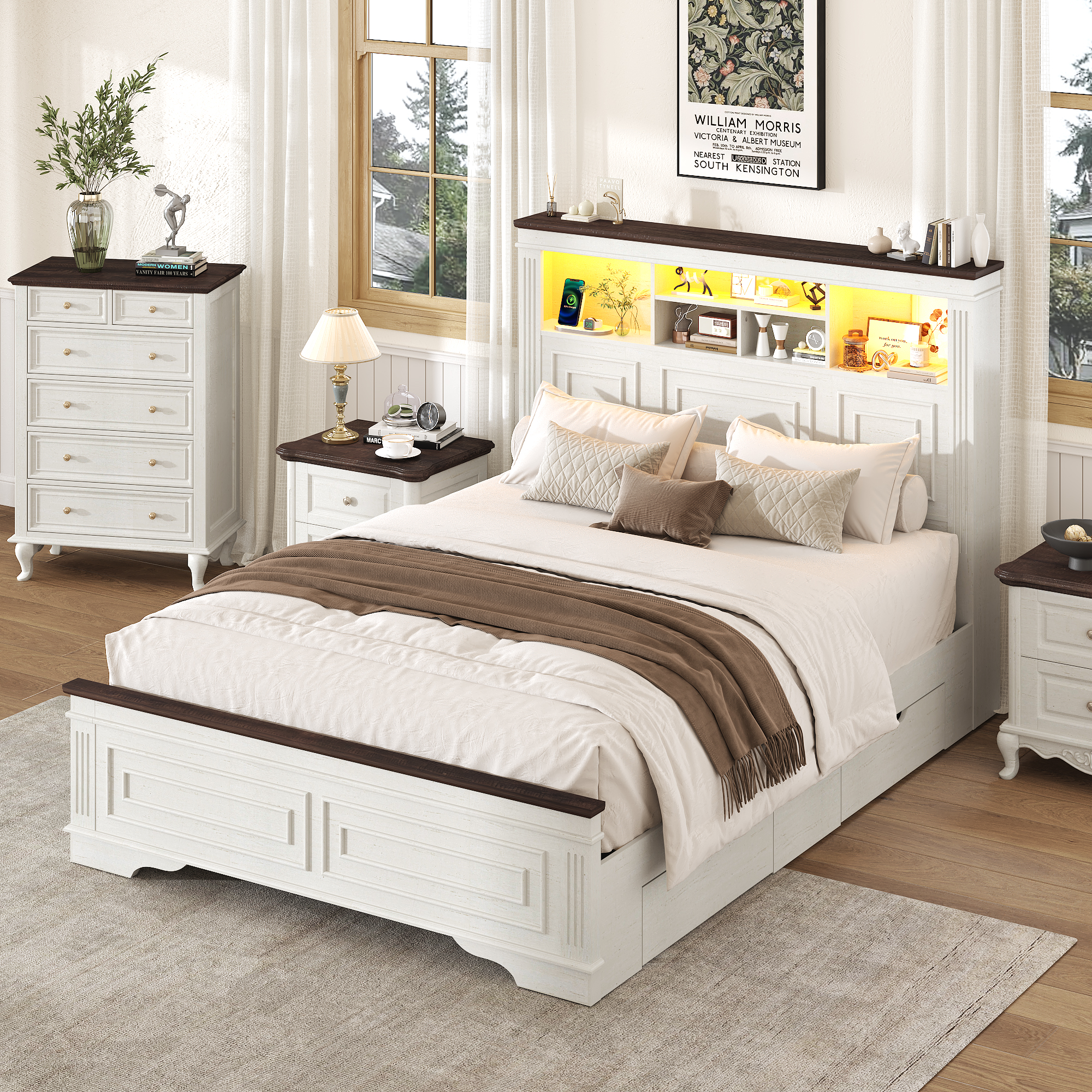 ANPOO Farmhouse Queen Size Bed Frame with 51" Tall Headboard & 4 Drawers, Queen Bed Frame and Headboard with LED Lights & Charging Ports, No Box Spring Needed, Wooden