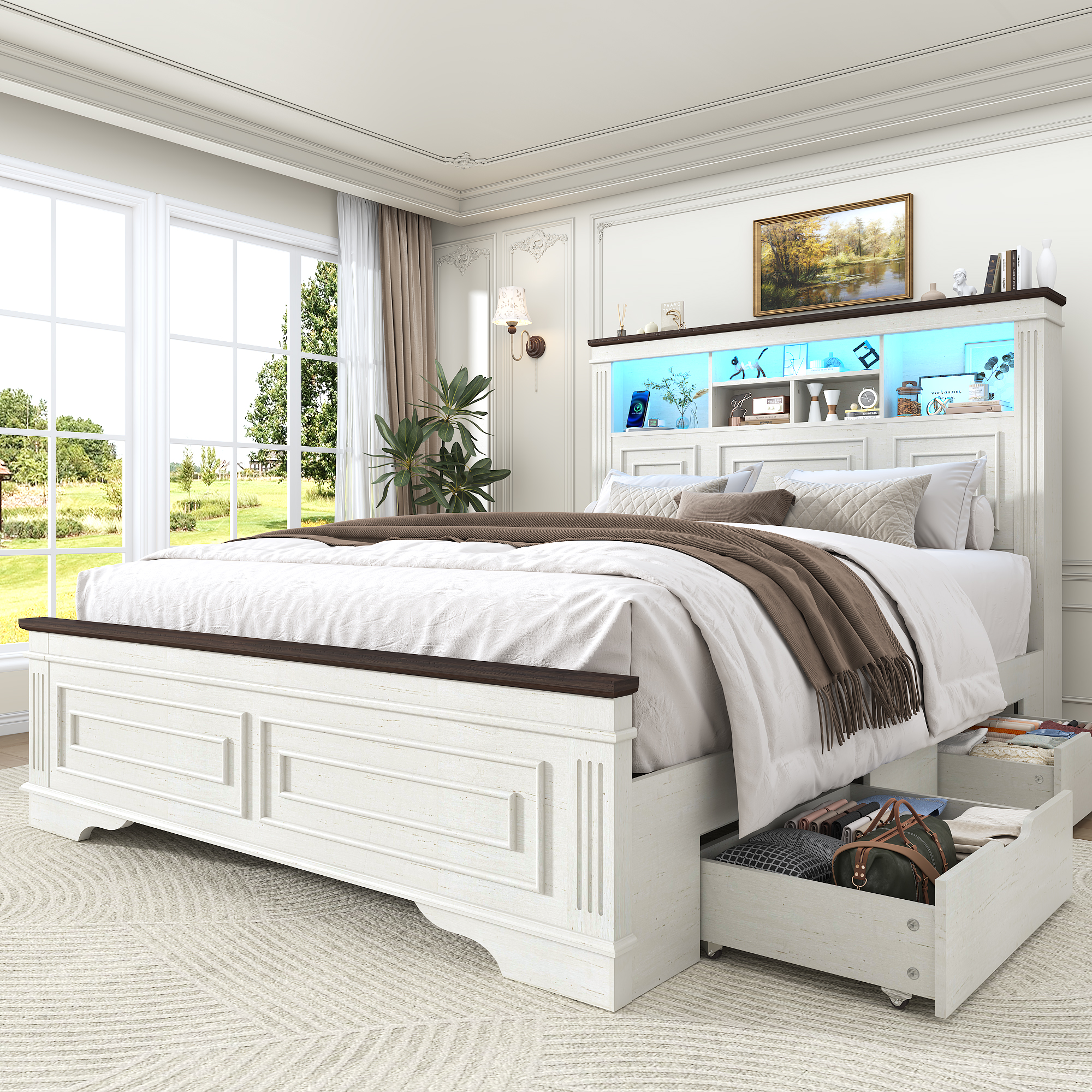 ANPOO Farmhouse Queen Size Bed Frame with 51" Tall Headboard & 4 Drawers, Queen Bed Frame and Headboard with LED Lights & Charging Ports, No Box Spring Needed, Wooden