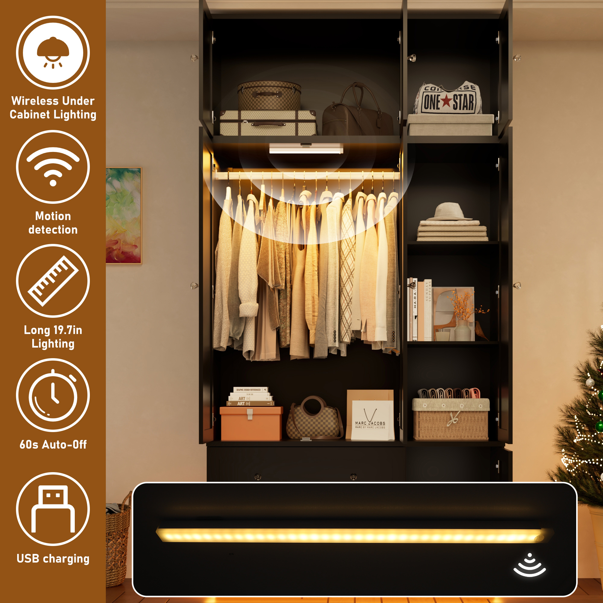 ANPOO 93'' Tall 3 Door LED Wardrobe Armoire with Top Cabinet, Motion Sensor Light, Mirror, 2 Drawers & Hanging Rod, Large Storage Armoire, Wood Clothes Cabinet for Bedroom