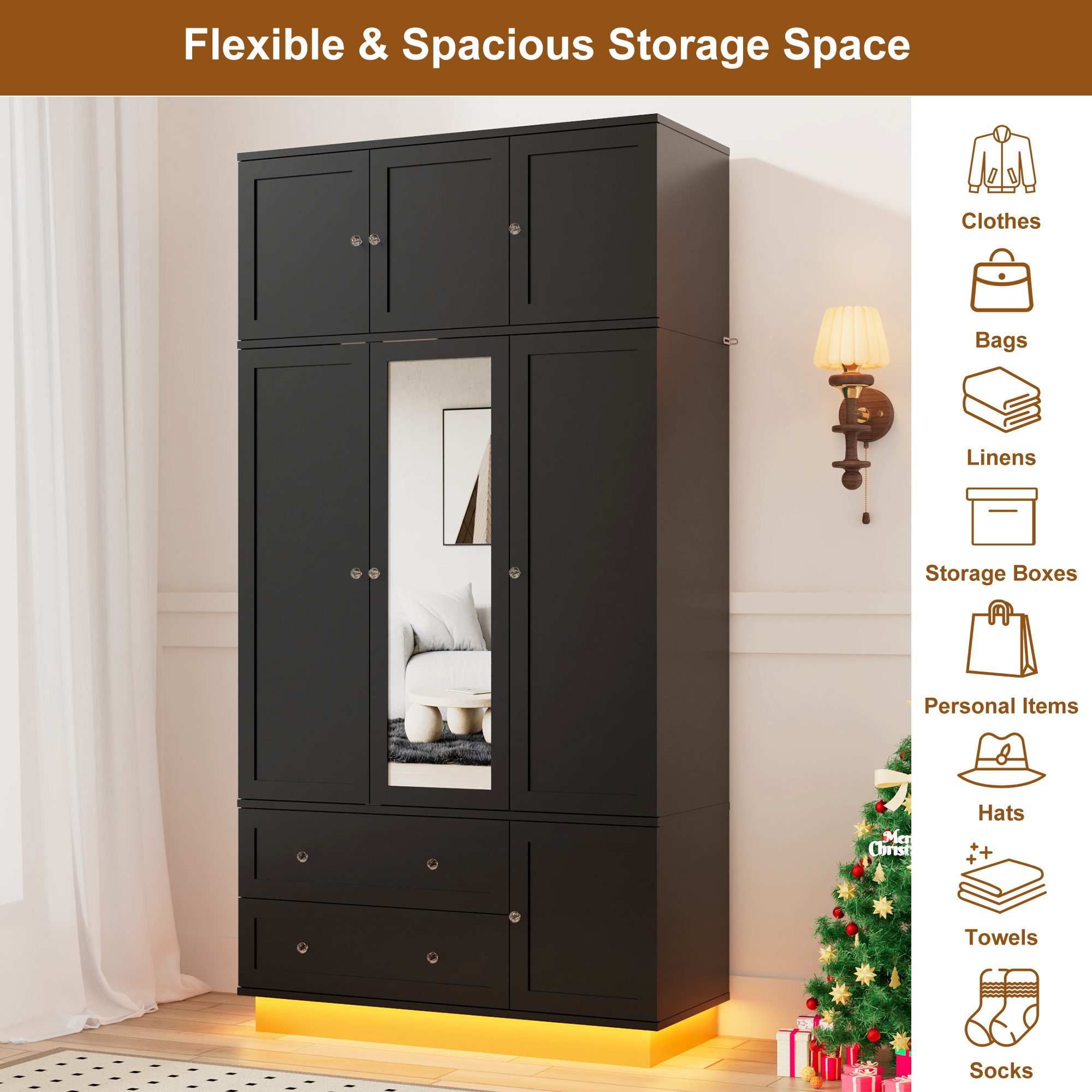 ANPOO 93'' Tall 3 Door LED Wardrobe Armoire with Top Cabinet, Motion Sensor Light, Mirror, 2 Drawers & Hanging Rod, Large Storage Armoire, Wood Clothes Cabinet for Bedroom