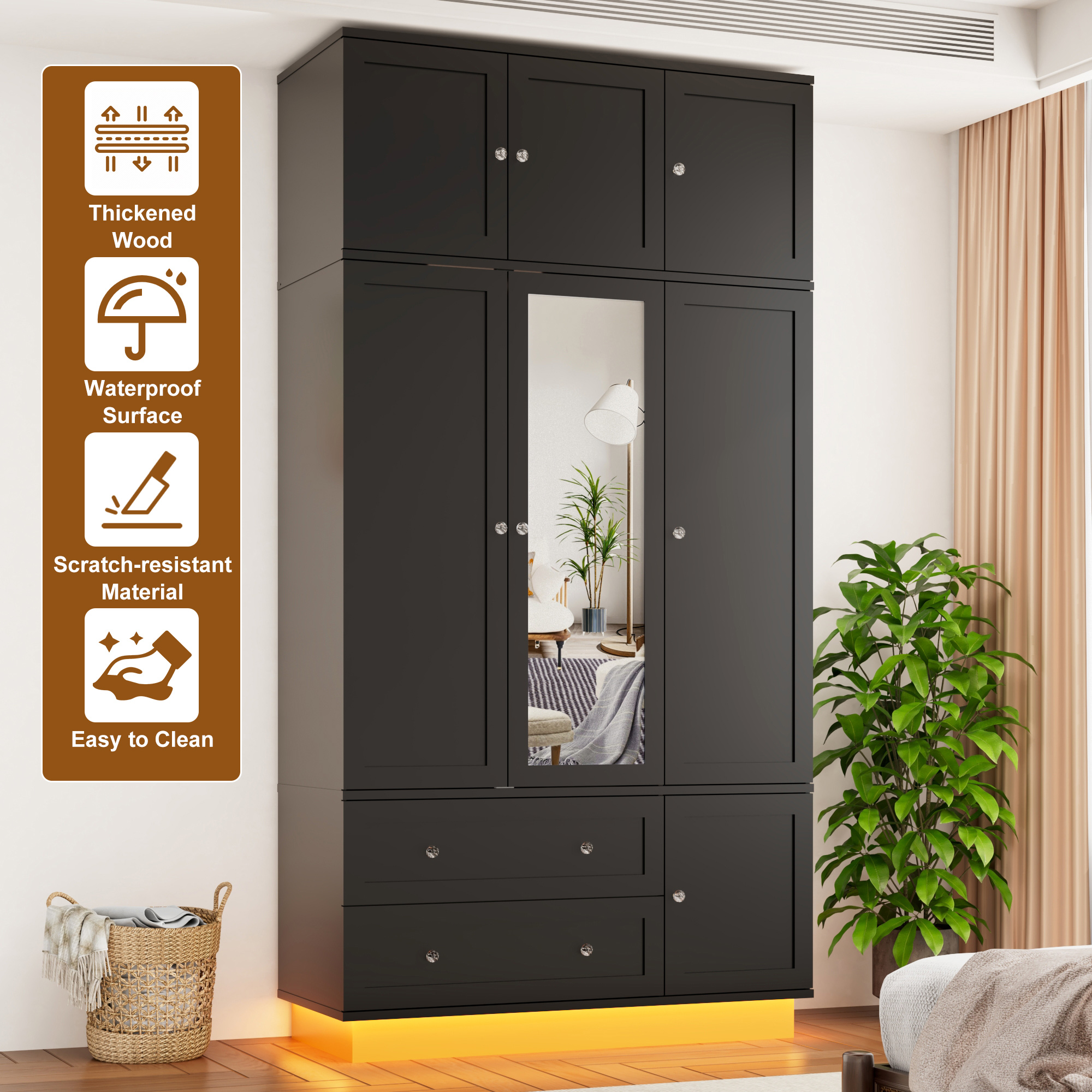 ANPOO 93'' Tall 3 Door LED Wardrobe Armoire with Top Cabinet, Motion Sensor Light, Mirror, 2 Drawers & Hanging Rod, Large Storage Armoire, Wood Clothes Cabinet for Bedroom