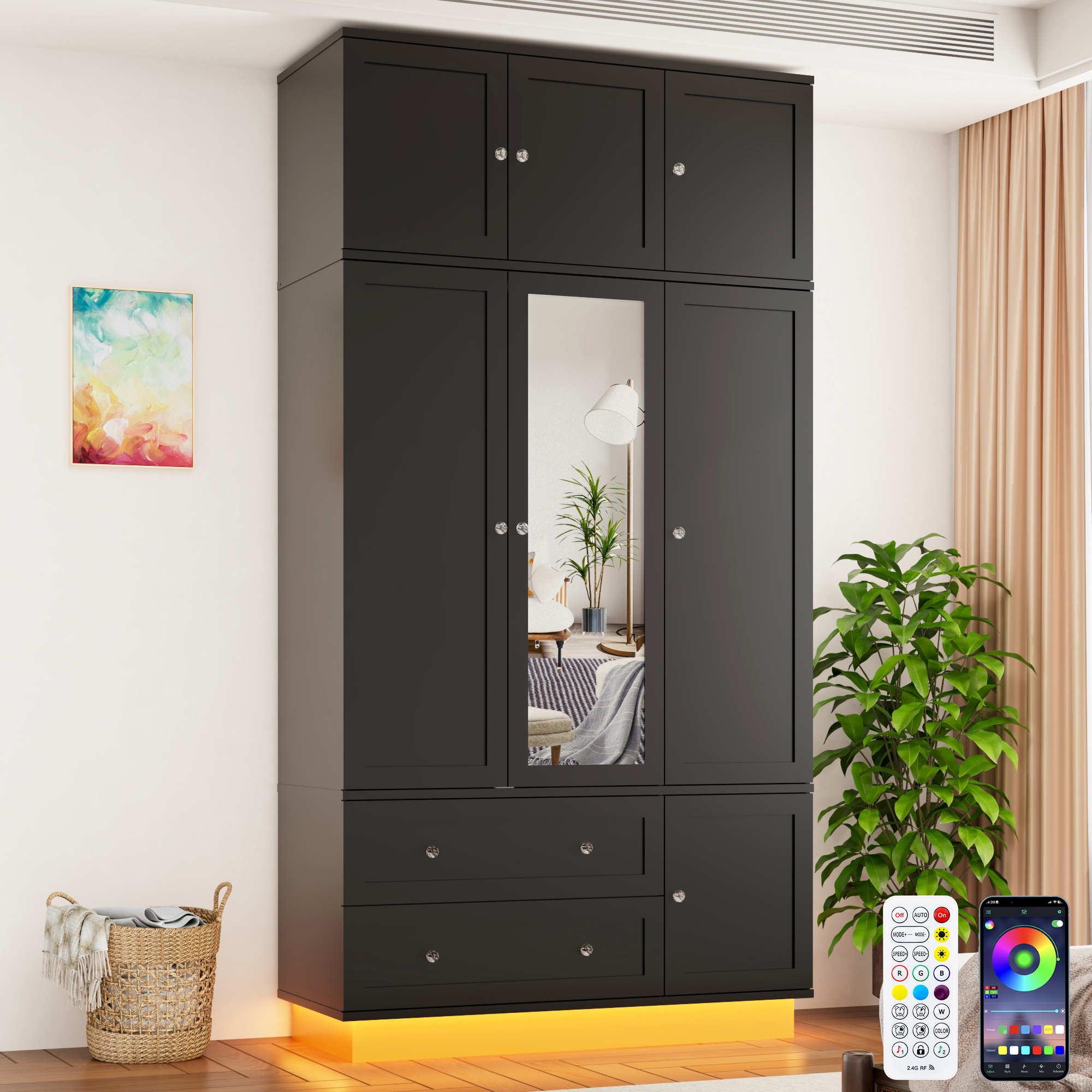 ANPOO 93'' Tall 3 Door LED Wardrobe Armoire with Top Cabinet, Motion Sensor Light, Mirror, 2 Drawers & Hanging Rod, Large Storage Armoire, Wood Clothes Cabinet for Bedroom