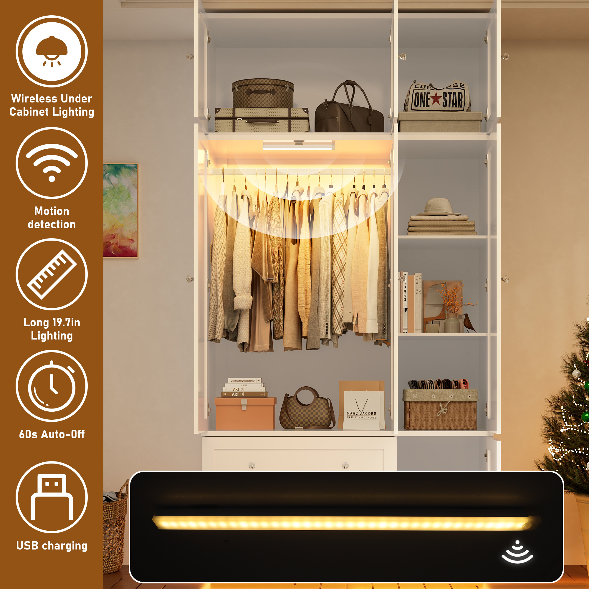 ANPOO 93'' Tall 3 Door LED Wardrobe Armoire with Top Cabinet, Motion Sensor Light, Mirror, 2 Drawers & Hanging Rod, Large Storage Armoire, Wood Clothes Cabinet for Bedroom