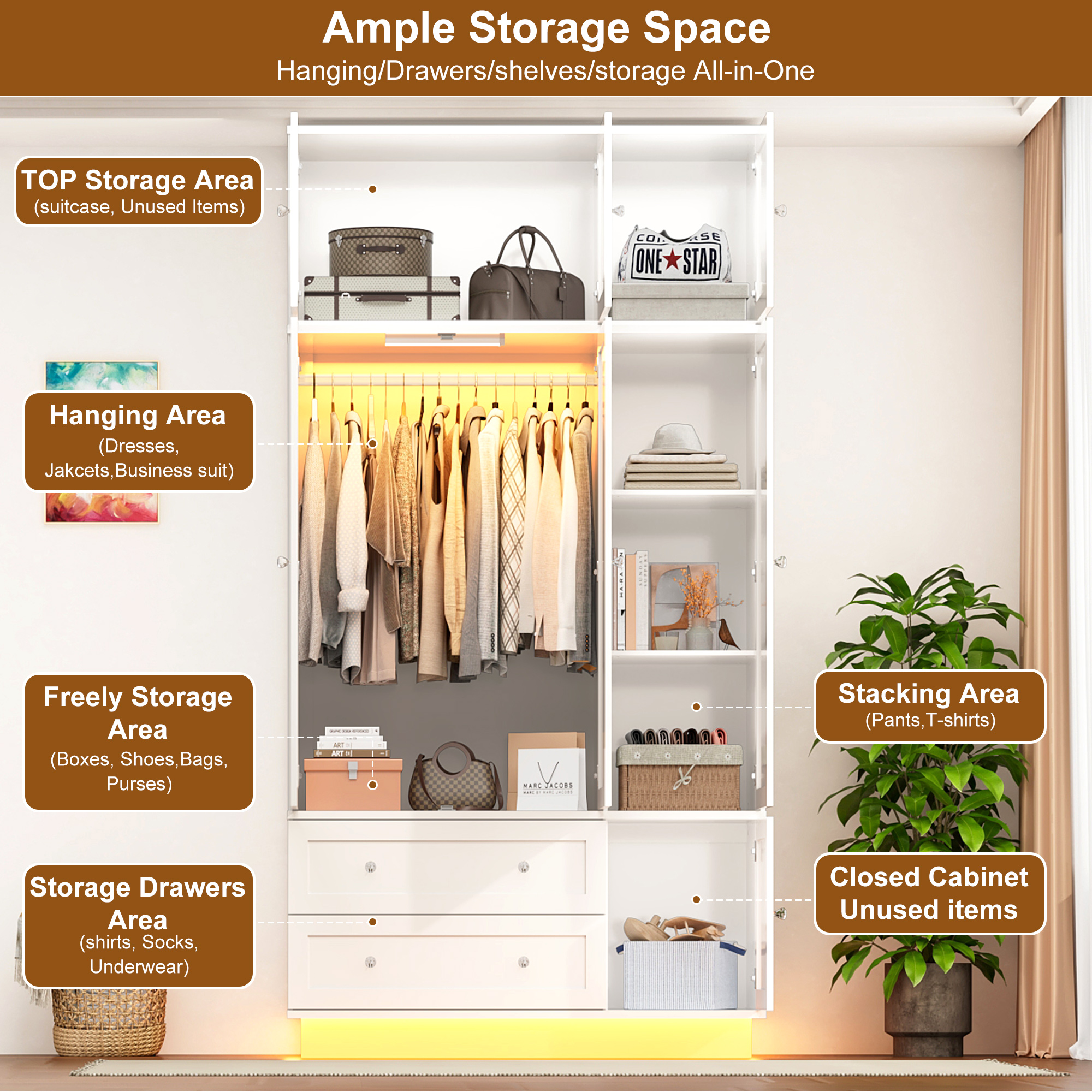 ANPOO 93'' Tall 3 Door LED Wardrobe Armoire with Top Cabinet, Motion Sensor Light, Mirror, 2 Drawers & Hanging Rod, Large Storage Armoire, Wood Clothes Cabinet for Bedroom