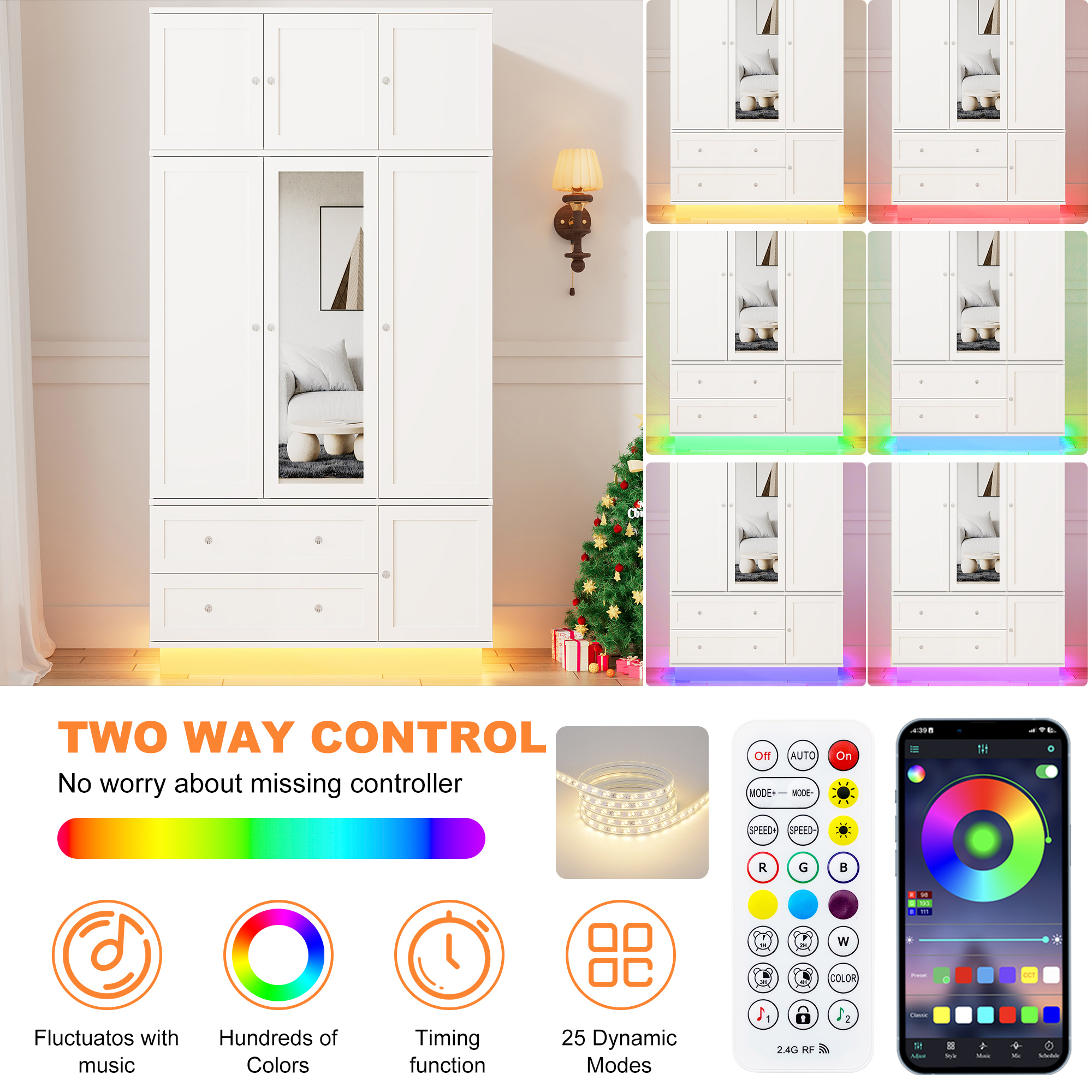 ANPOO 93'' Tall 3 Door LED Wardrobe Armoire with Top Cabinet, Motion Sensor Light, Mirror, 2 Drawers & Hanging Rod, Large Storage Armoire, Wood Clothes Cabinet for Bedroom