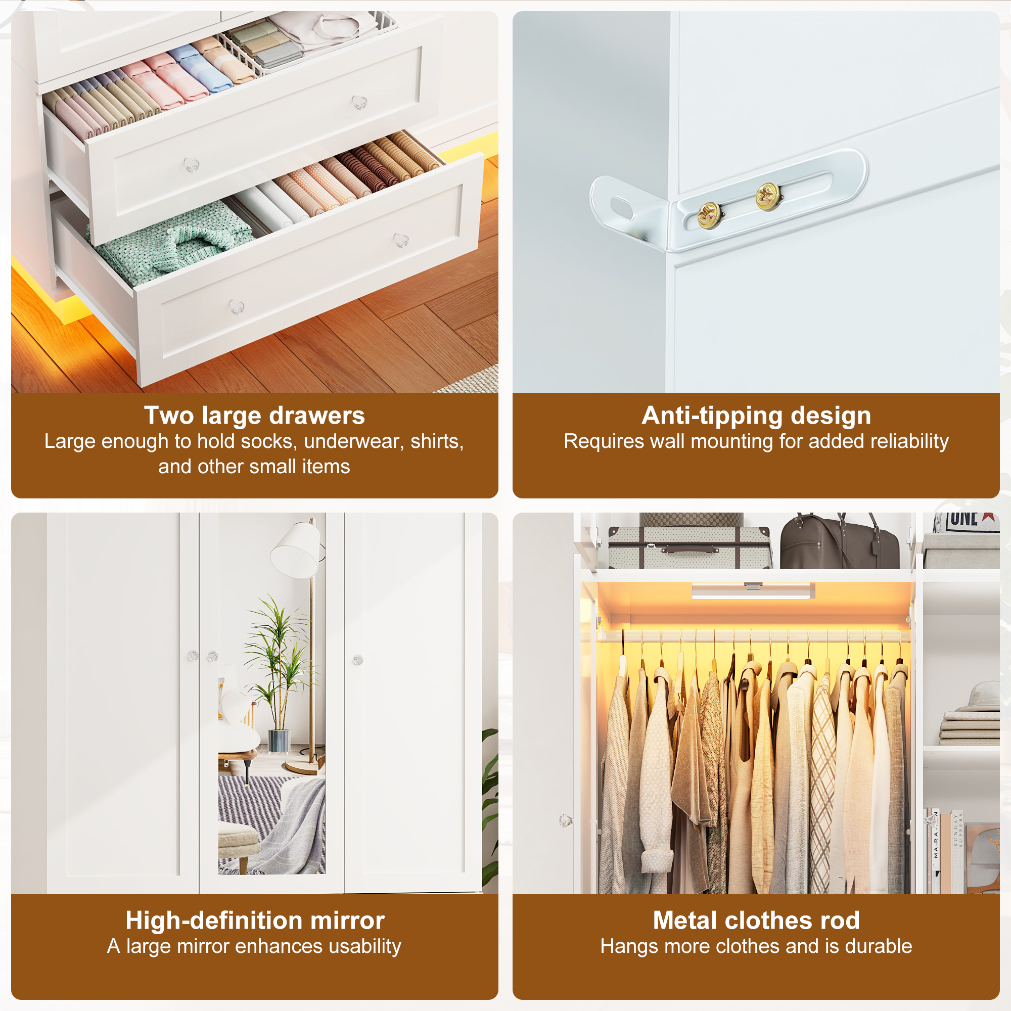 ANPOO 93'' Tall 3 Door LED Wardrobe Armoire with Top Cabinet, Motion Sensor Light, Mirror, 2 Drawers & Hanging Rod, Large Storage Armoire, Wood Clothes Cabinet for Bedroom