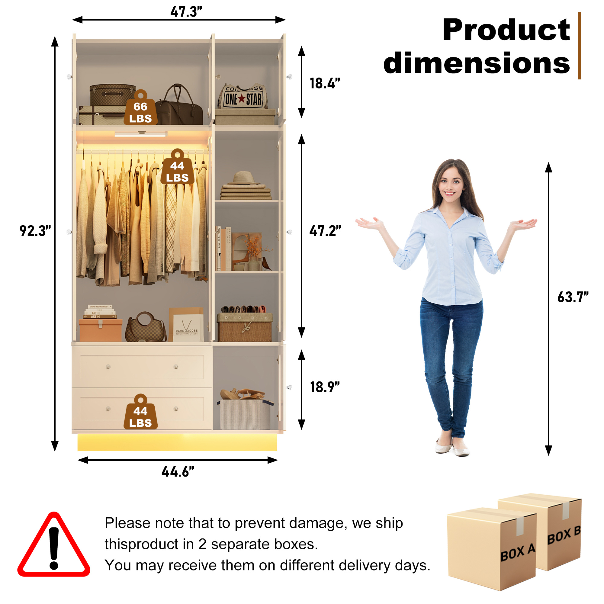 ANPOO 93'' Tall 3 Door LED Wardrobe Armoire with Top Cabinet, Motion Sensor Light, Mirror, 2 Drawers & Hanging Rod, Large Storage Armoire, Wood Clothes Cabinet for Bedroom