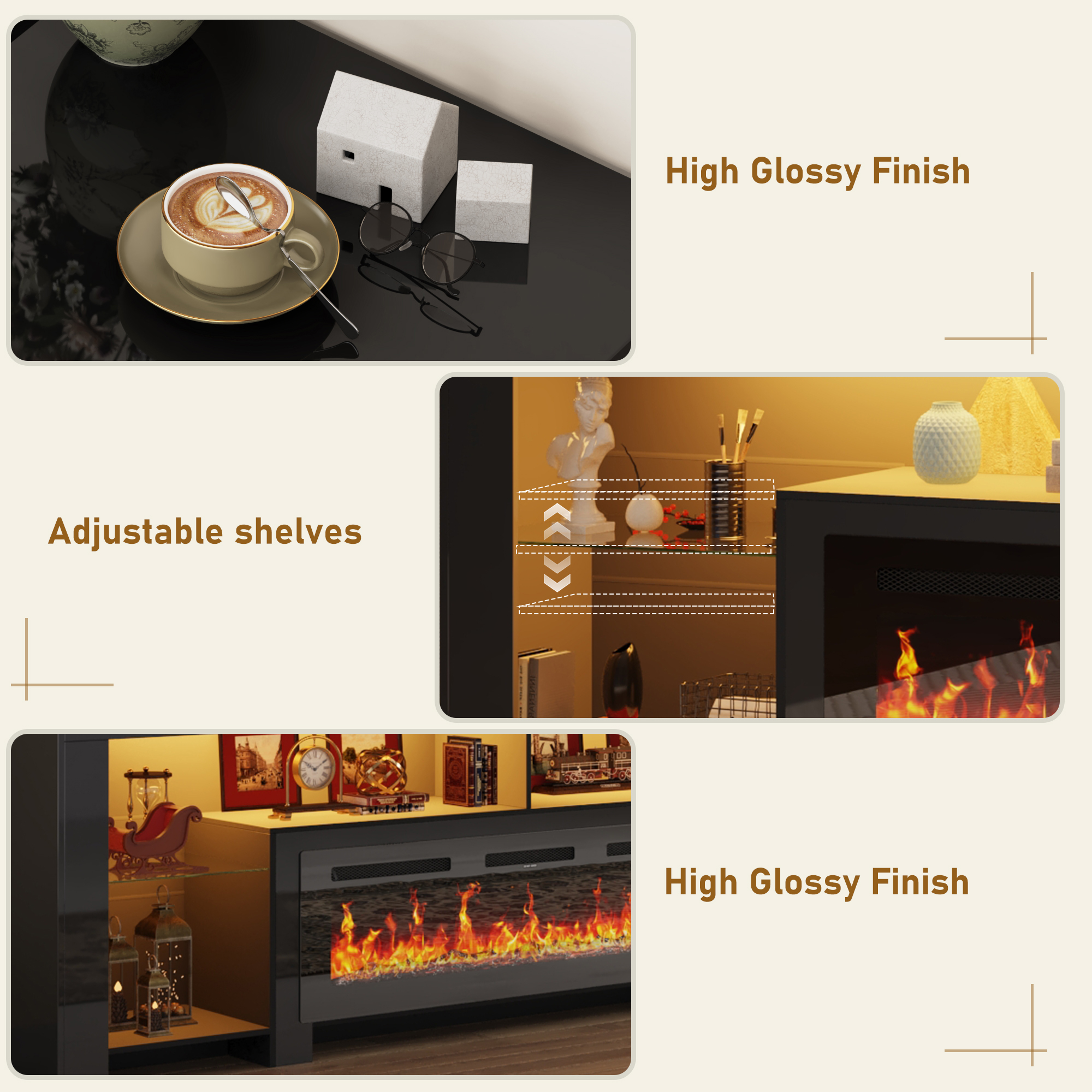 Blotout Fireplace TV Stand for 95/100''TV with 50'' Fireplace, 94.5'' Modern LED Entertainment Center with Overheat Protection, Adjustable Shelves, 2 Tier Fireplace Console for Living Room, Bedroom