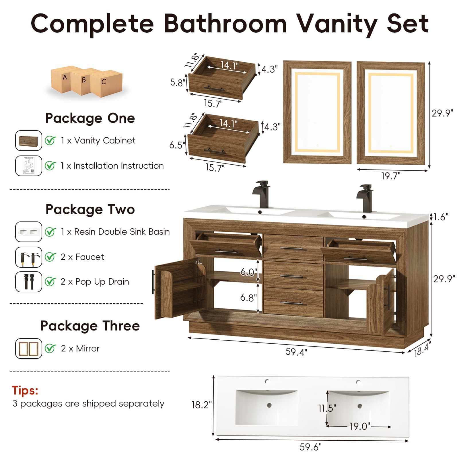 60 inch Bathroom Vanity with Sink and Mirror Faucets