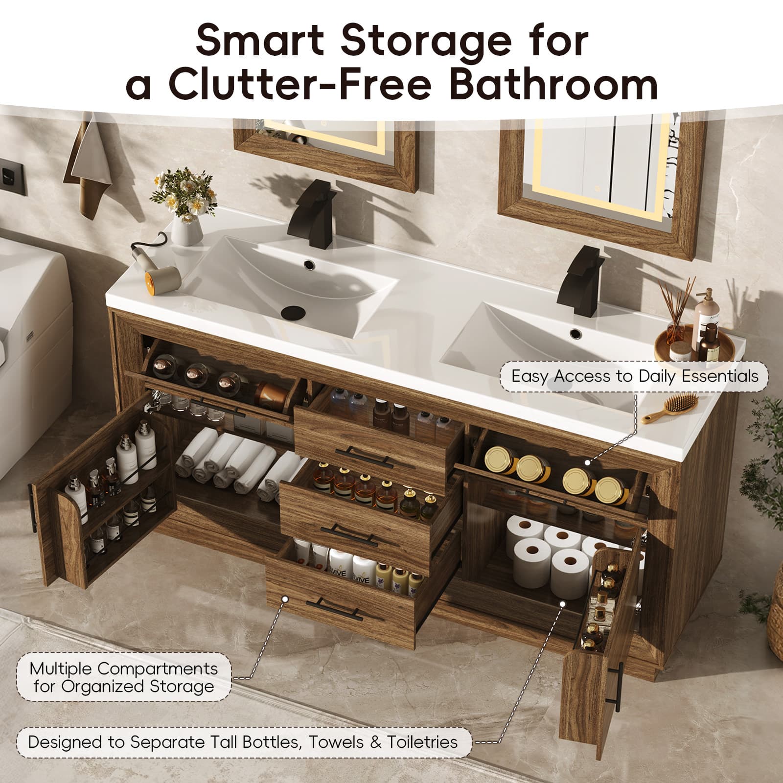 60 inch Bathroom Vanity with Sink and Mirror Faucets