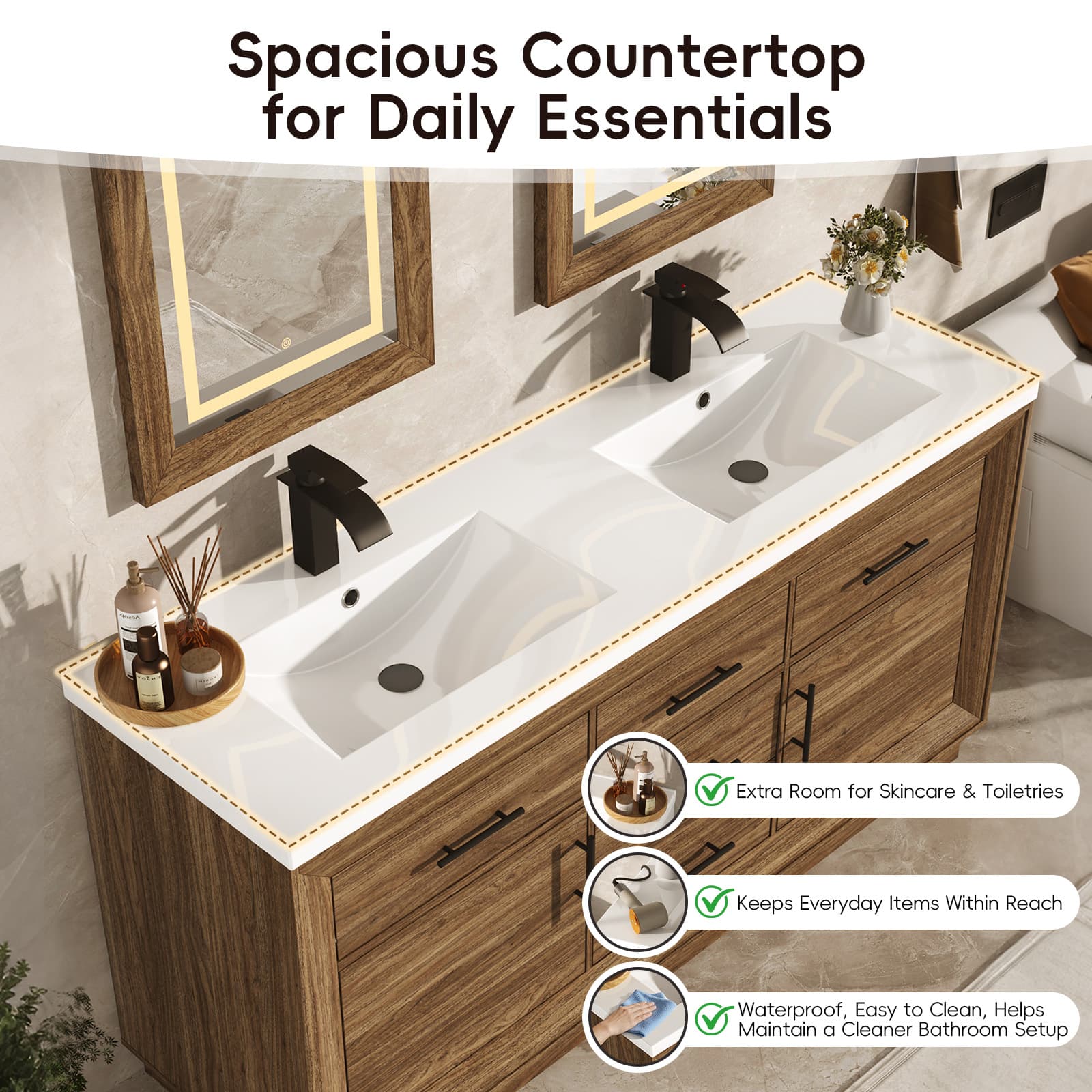 60 inch Bathroom Vanity with Sink and Mirror Faucets