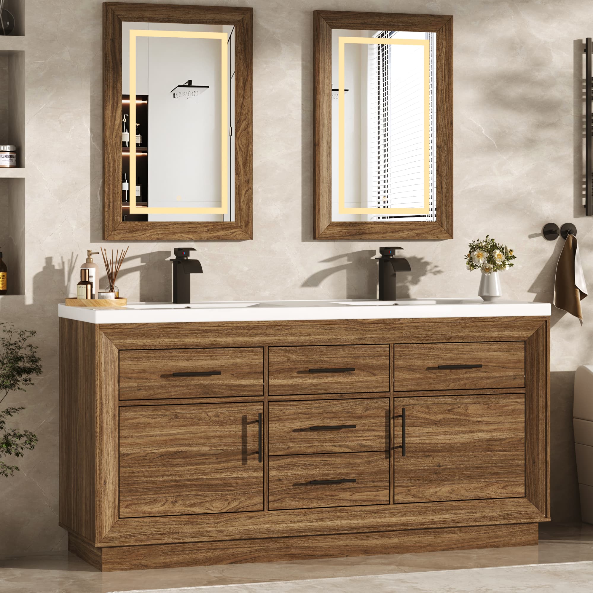 60 inch Bathroom Vanity with Sink and Mirror Faucets