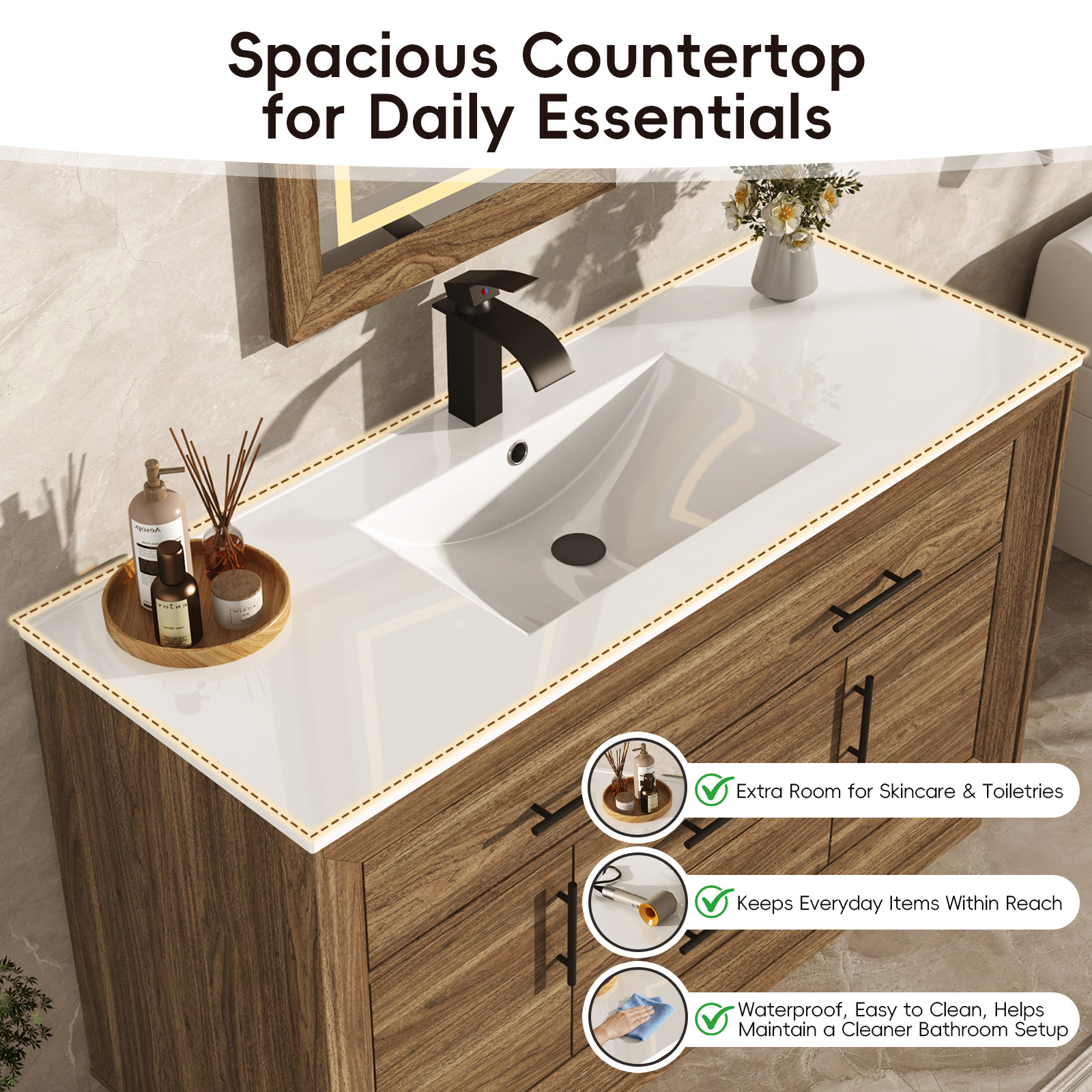 48 inch Bathroom Vanity with Sink and Mirror Faucets