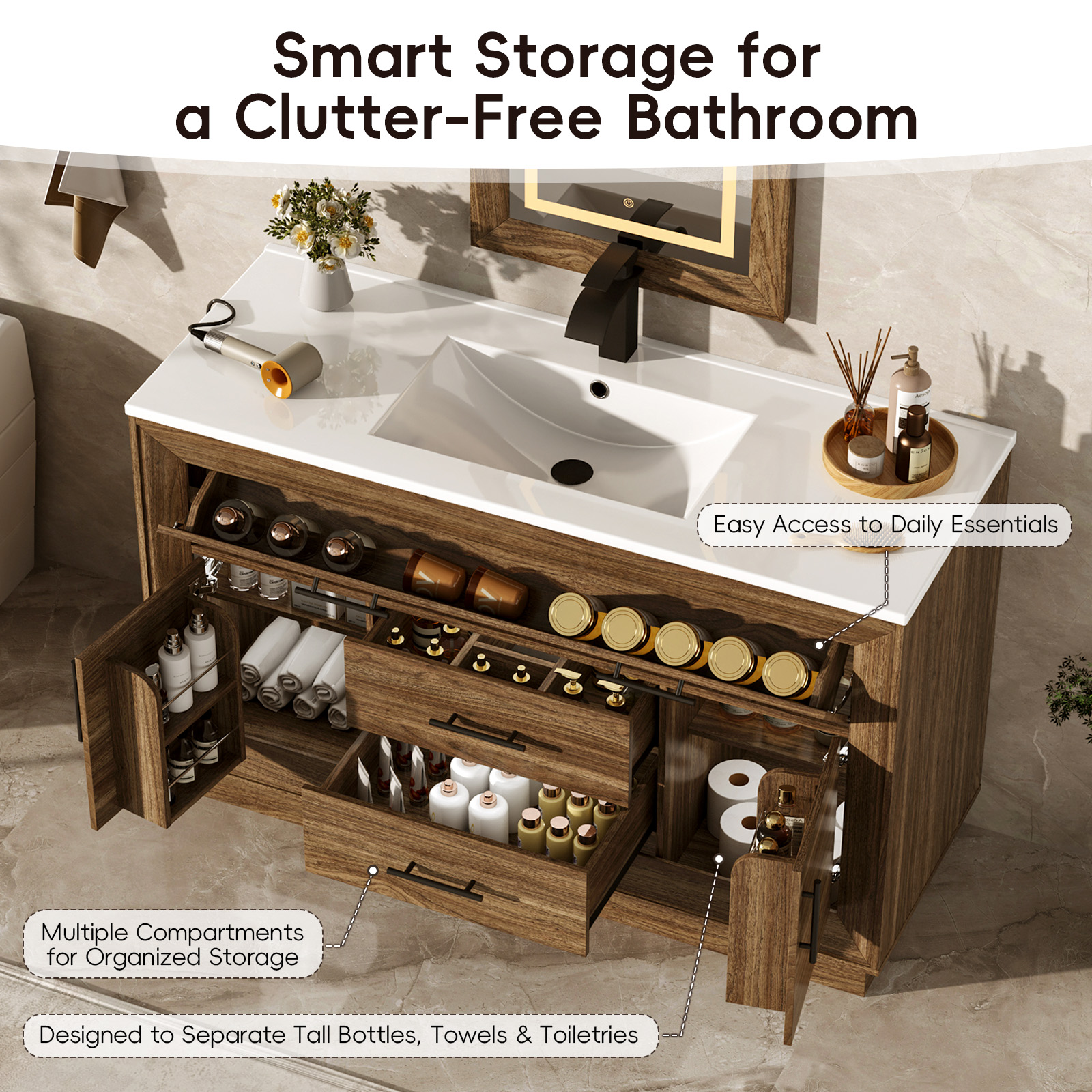 48 inch Bathroom Vanity with Sink and Mirror Faucets