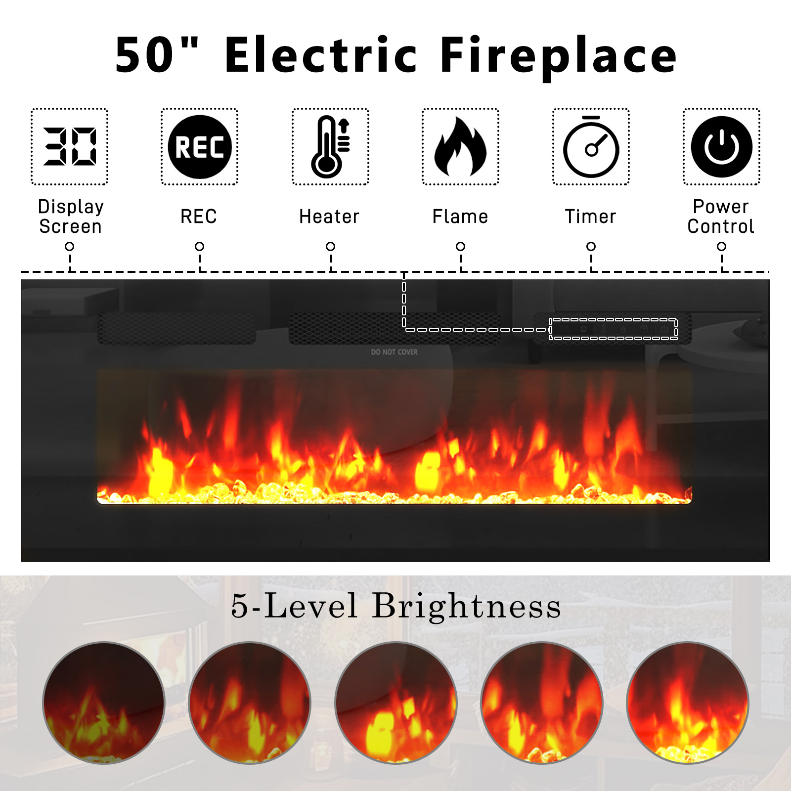 Blotout 90'' Fireplace TV Stand with 50'' Fireplace, Gloss Wall Mounted Fireplace Entertainment Center with Storage&Power Outlet, Modern LED Light Console for Wall-mounted TV Up to 100''