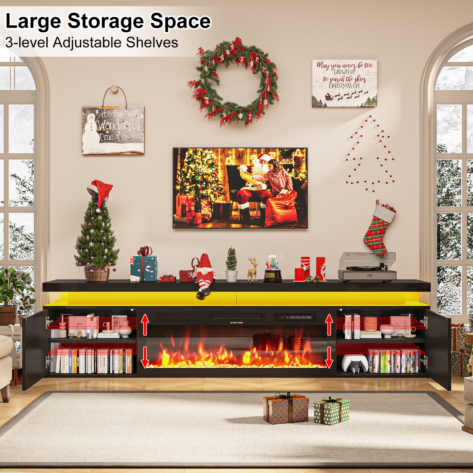 Blotout 90'' Fireplace TV Stand with 50'' Fireplace, Gloss Wall Mounted Fireplace Entertainment Center with Storage&Power Outlet, Modern LED Light Console for Wall-mounted TV Up to 100''