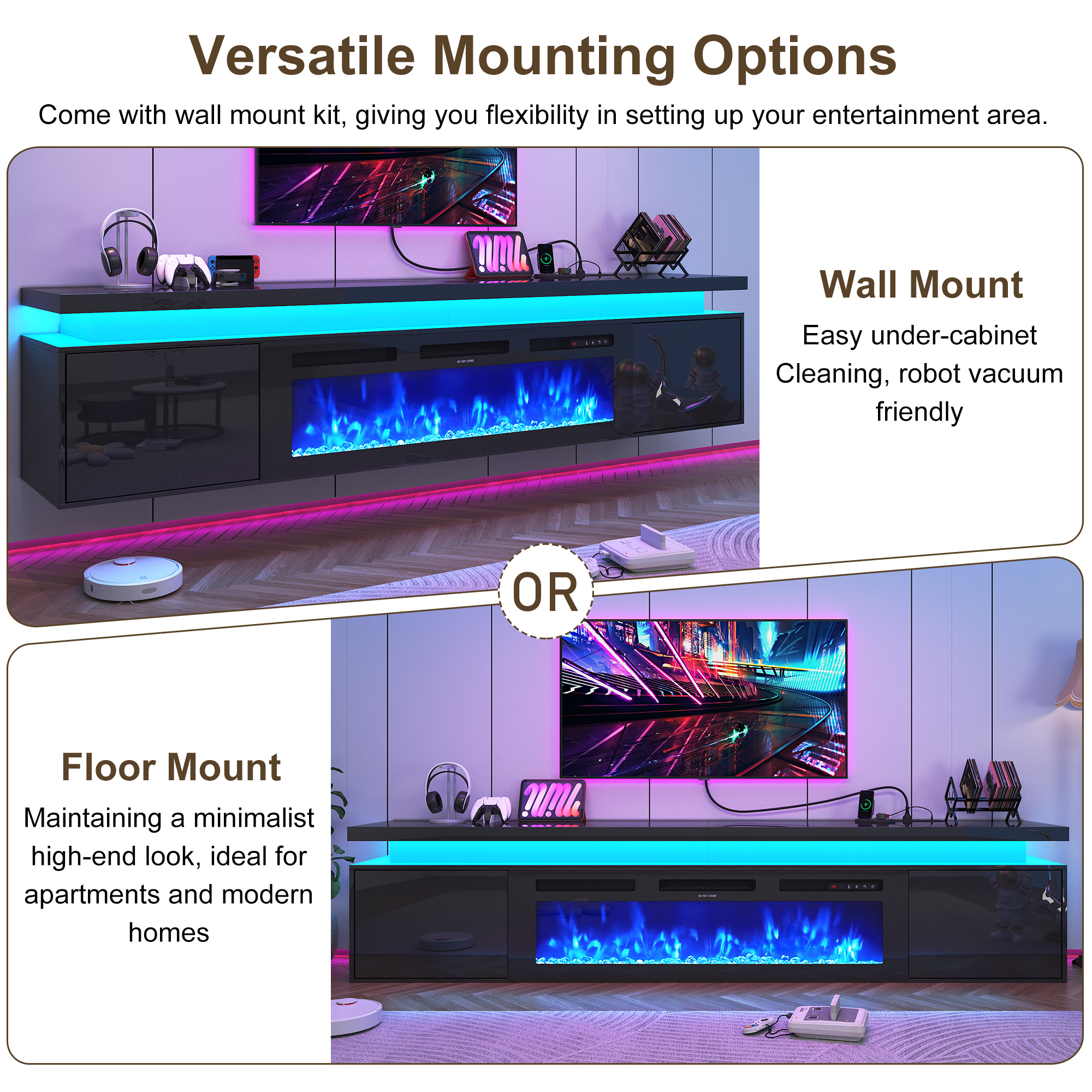 Blotout 90'' Fireplace TV Stand with 50'' Fireplace, Gloss Wall Mounted Fireplace Entertainment Center with Storage&Power Outlet, Modern LED Light Console for Wall-mounted TV Up to 100''
