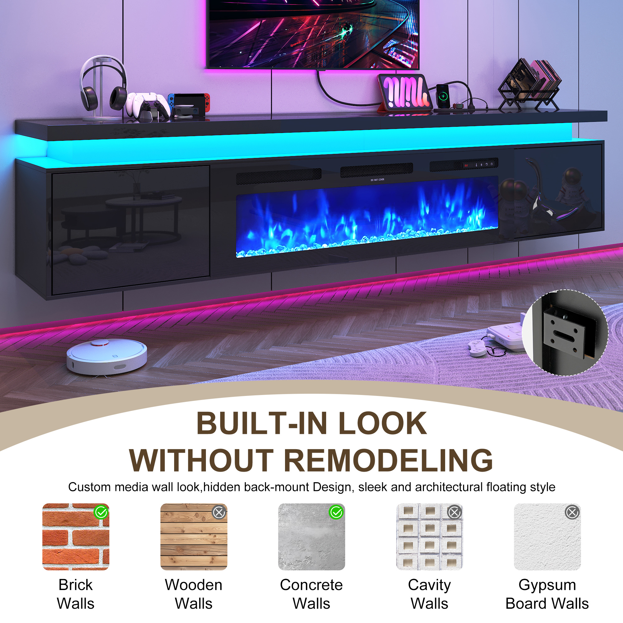 Blotout 90'' Fireplace TV Stand with 50'' Fireplace, Gloss Wall Mounted Fireplace Entertainment Center with Storage&Power Outlet, Modern LED Light Console for Wall-mounted TV Up to 100''