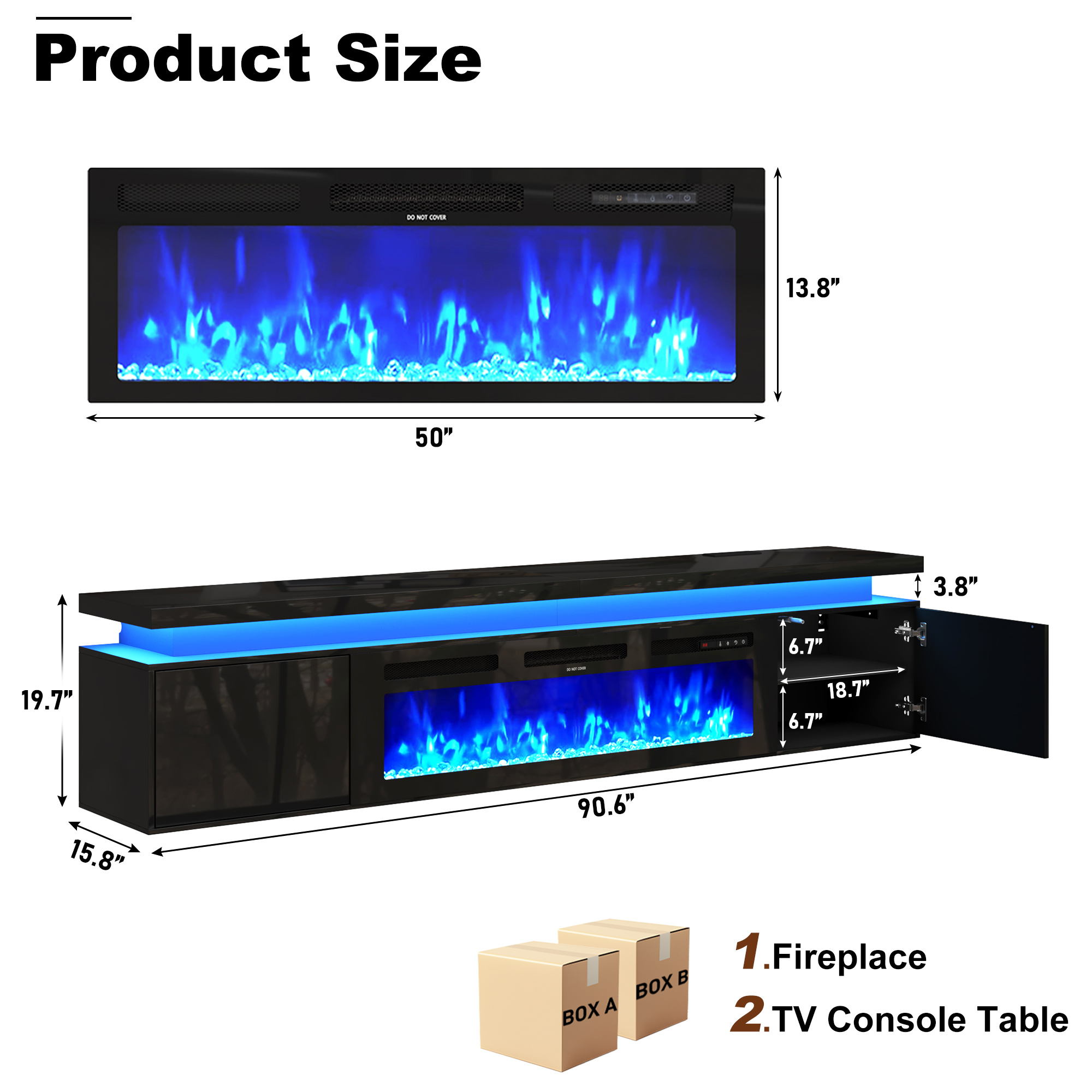 Blotout 90'' Fireplace TV Stand with 50'' Fireplace, Gloss Wall Mounted Fireplace Entertainment Center with Storage&Power Outlet, Modern LED Light Console for Wall-mounted TV Up to 100''