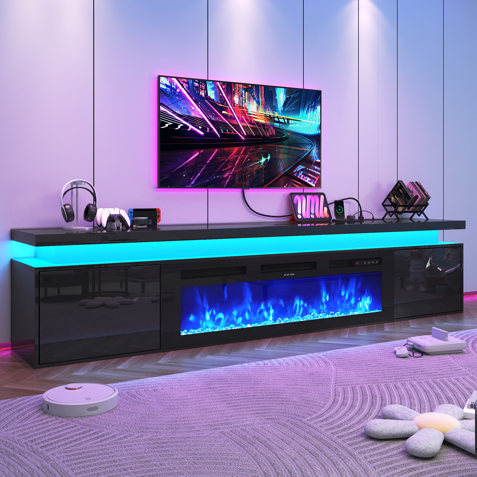 Blotout 90'' Fireplace TV Stand with 50'' Fireplace, Gloss Wall Mounted Fireplace Entertainment Center with Storage&Power Outlet, Modern LED Light Console for Wall-mounted TV Up to 100''