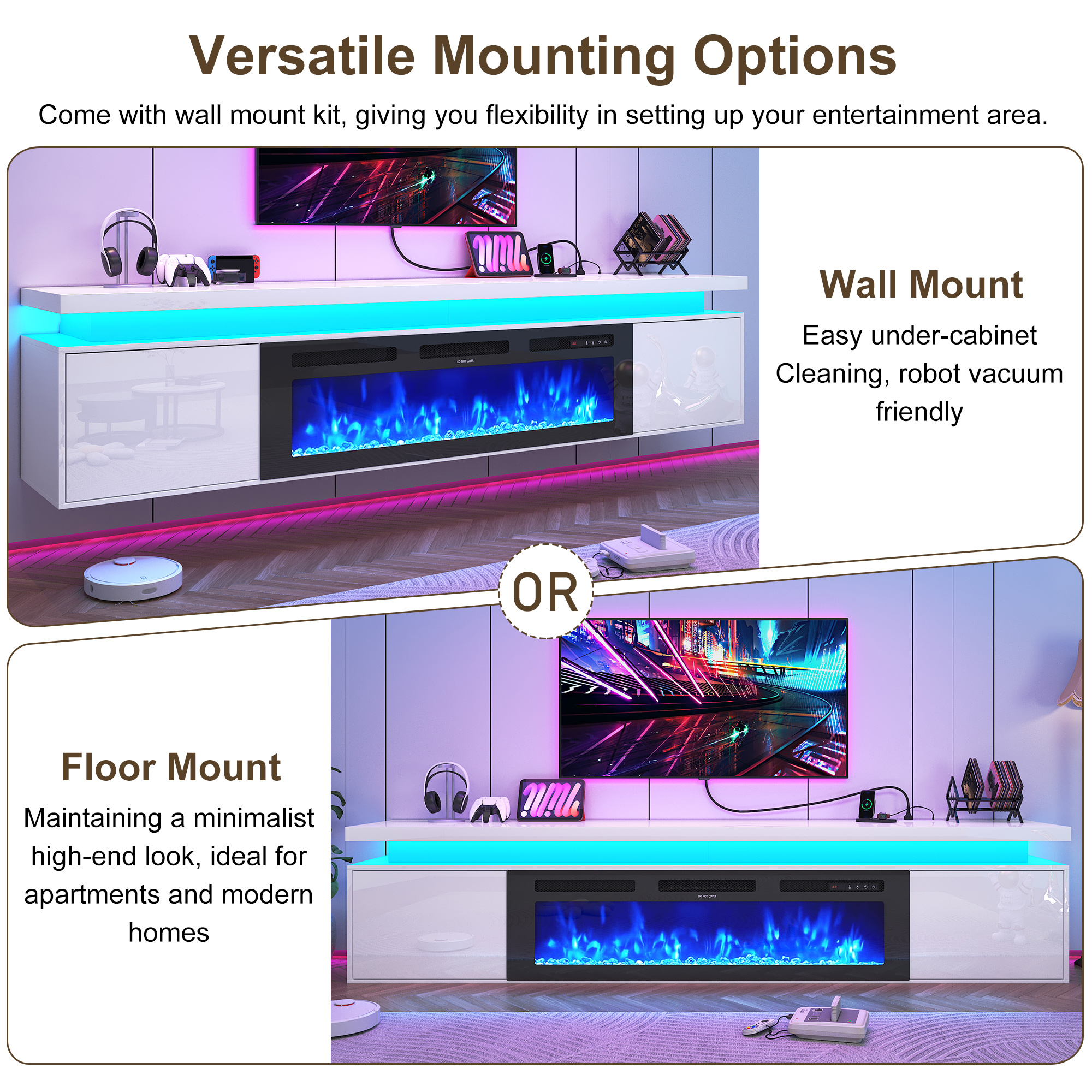 Blotout 90'' Fireplace TV Stand with 50'' Fireplace, Gloss Wall Mounted Fireplace Entertainment Center with Storage&Power Outlet, Modern LED Light Console for Wall-mounted TV Up to 100''