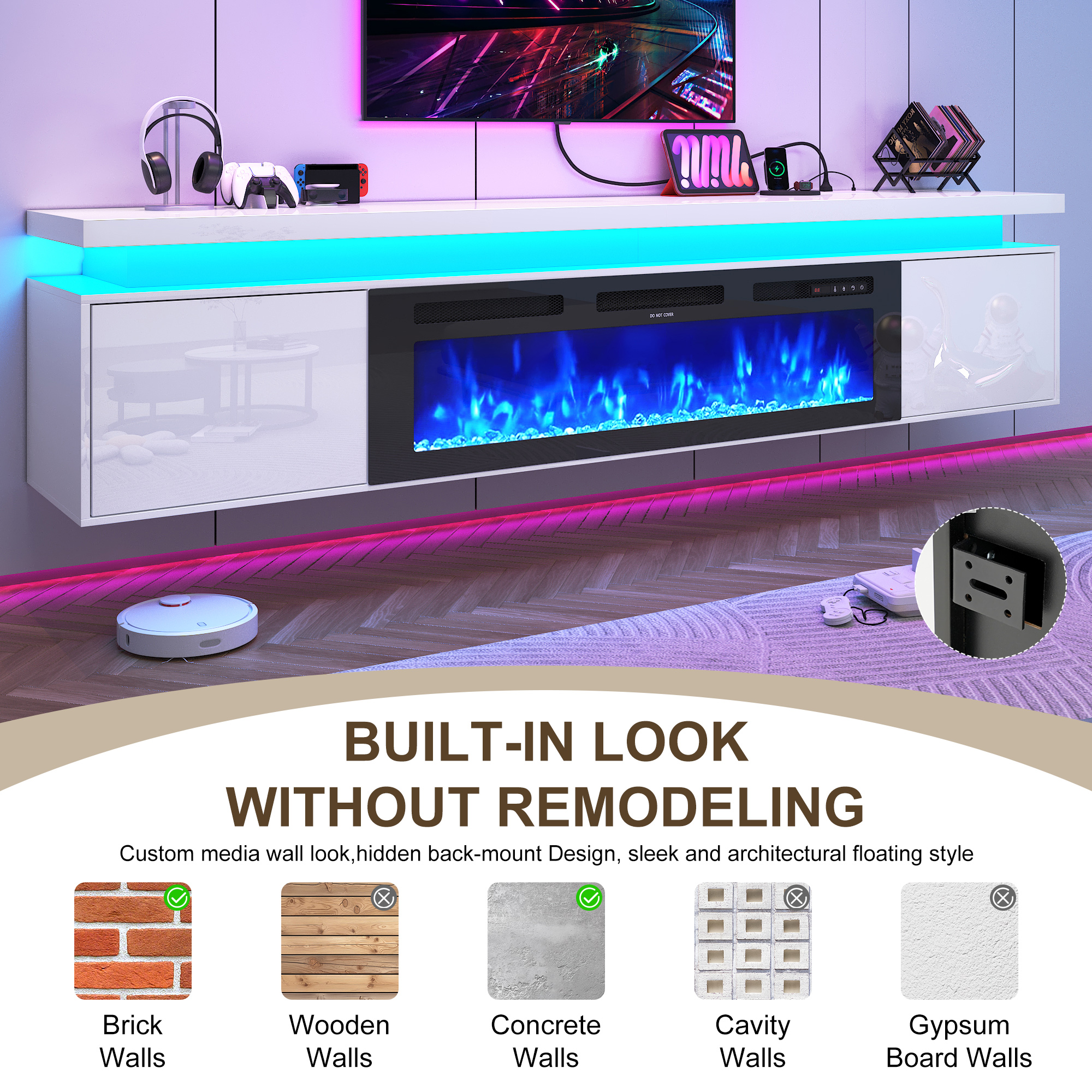 Blotout 90'' Fireplace TV Stand with 50'' Fireplace, Gloss Wall Mounted Fireplace Entertainment Center with Storage&Power Outlet, Modern LED Light Console for Wall-mounted TV Up to 100''