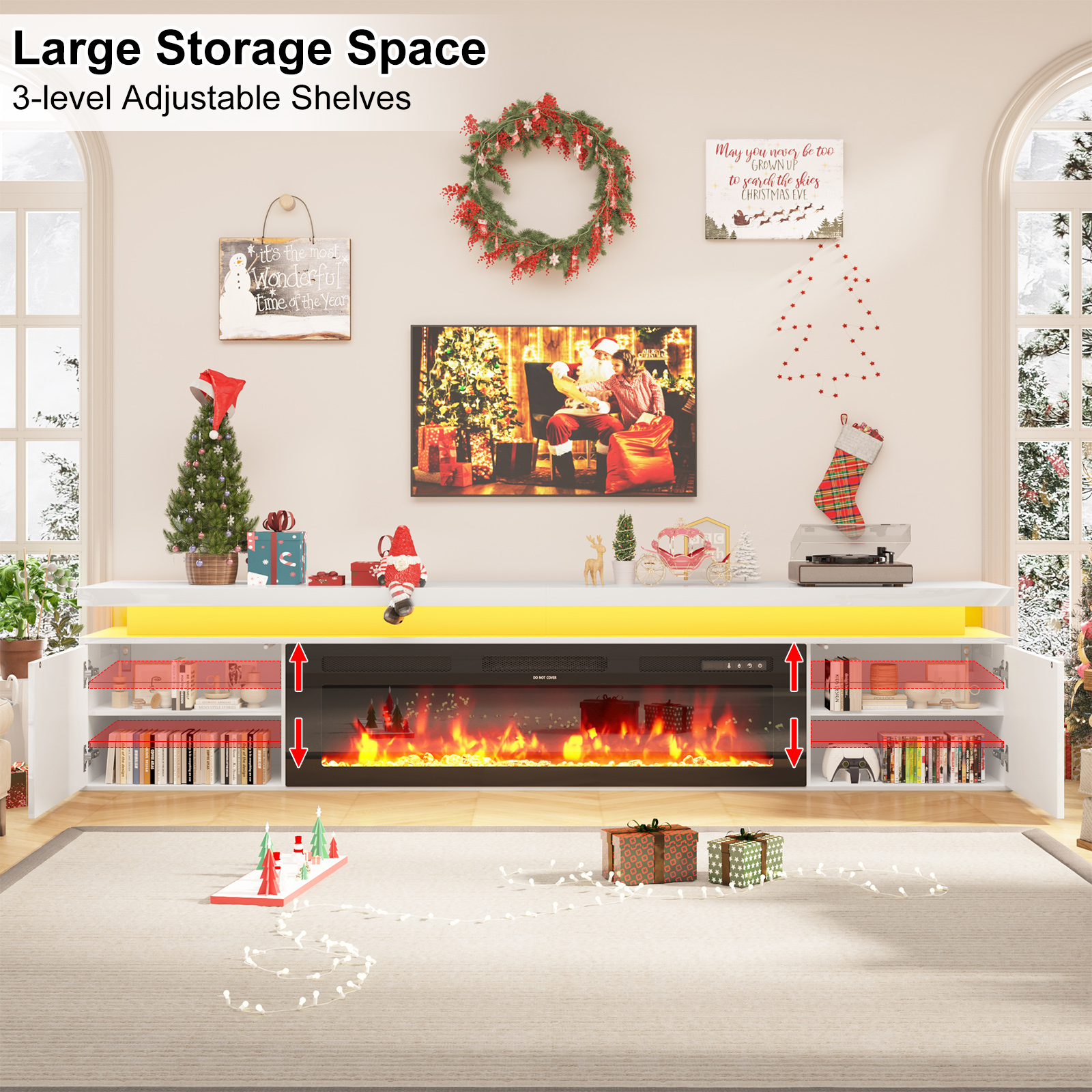 Blotout 90'' Fireplace TV Stand with 50'' Fireplace, Gloss Wall Mounted Fireplace Entertainment Center with Storage&Power Outlet, Modern LED Light Console for Wall-mounted TV Up to 100''
