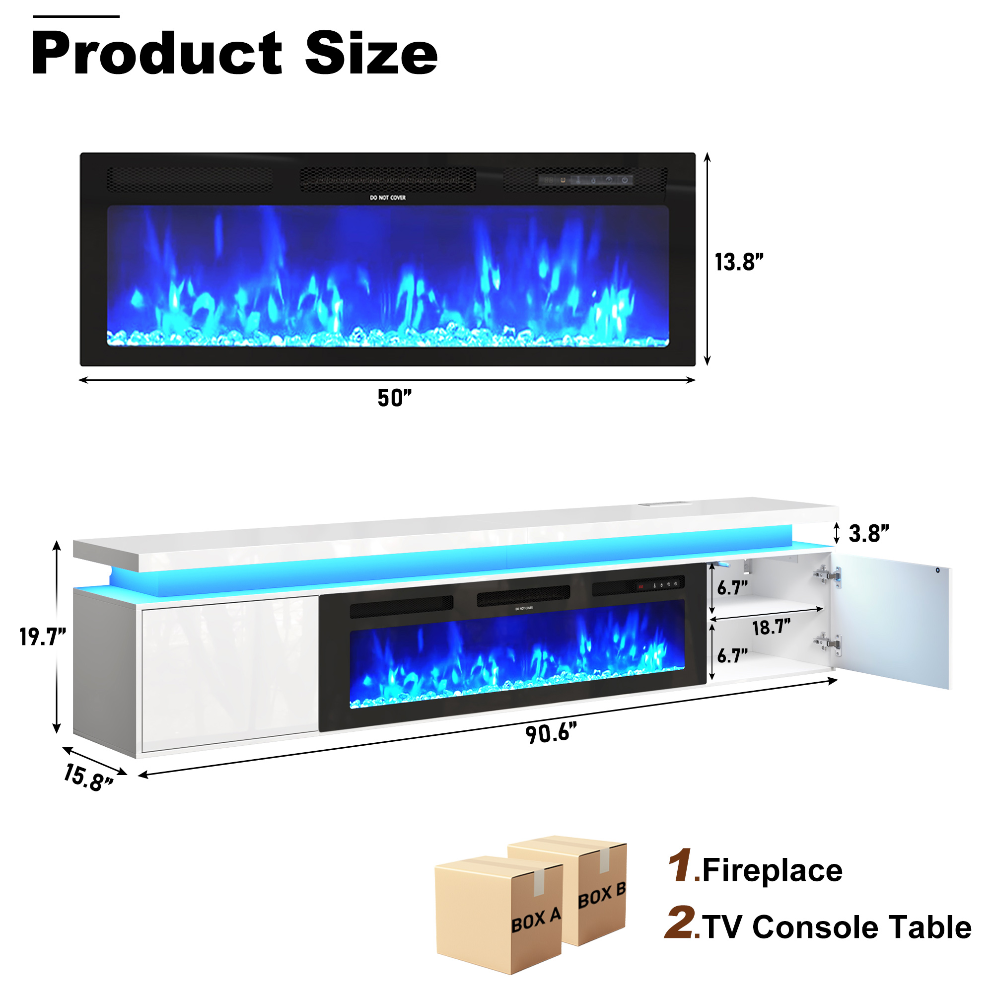 Blotout 90'' Fireplace TV Stand with 50'' Fireplace, Gloss Wall Mounted Fireplace Entertainment Center with Storage&Power Outlet, Modern LED Light Console for Wall-mounted TV Up to 100''