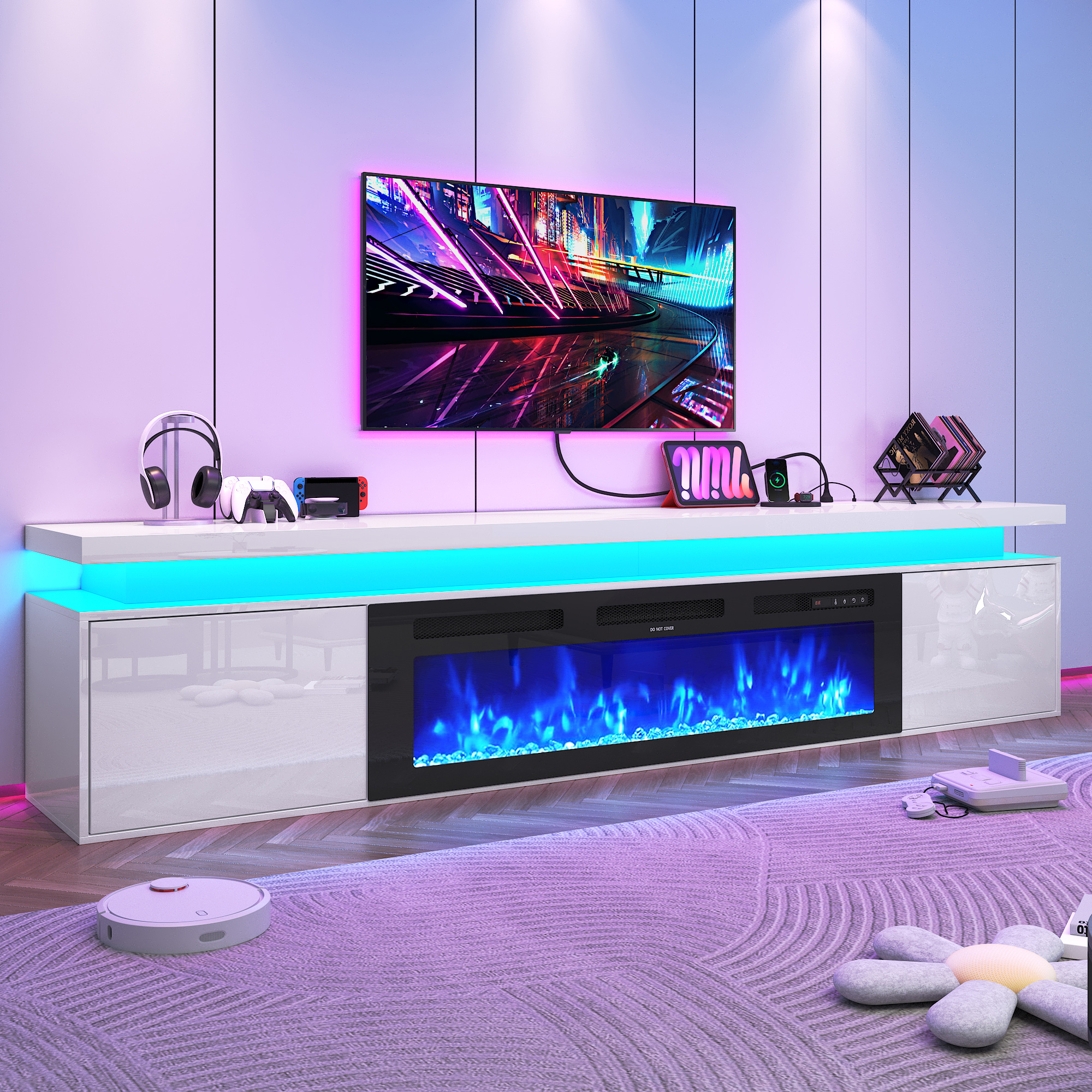 Blotout 90'' Fireplace TV Stand with 50'' Fireplace, Gloss Wall Mounted Fireplace Entertainment Center with Storage&Power Outlet, Modern LED Light Console for Wall-mounted TV Up to 100''