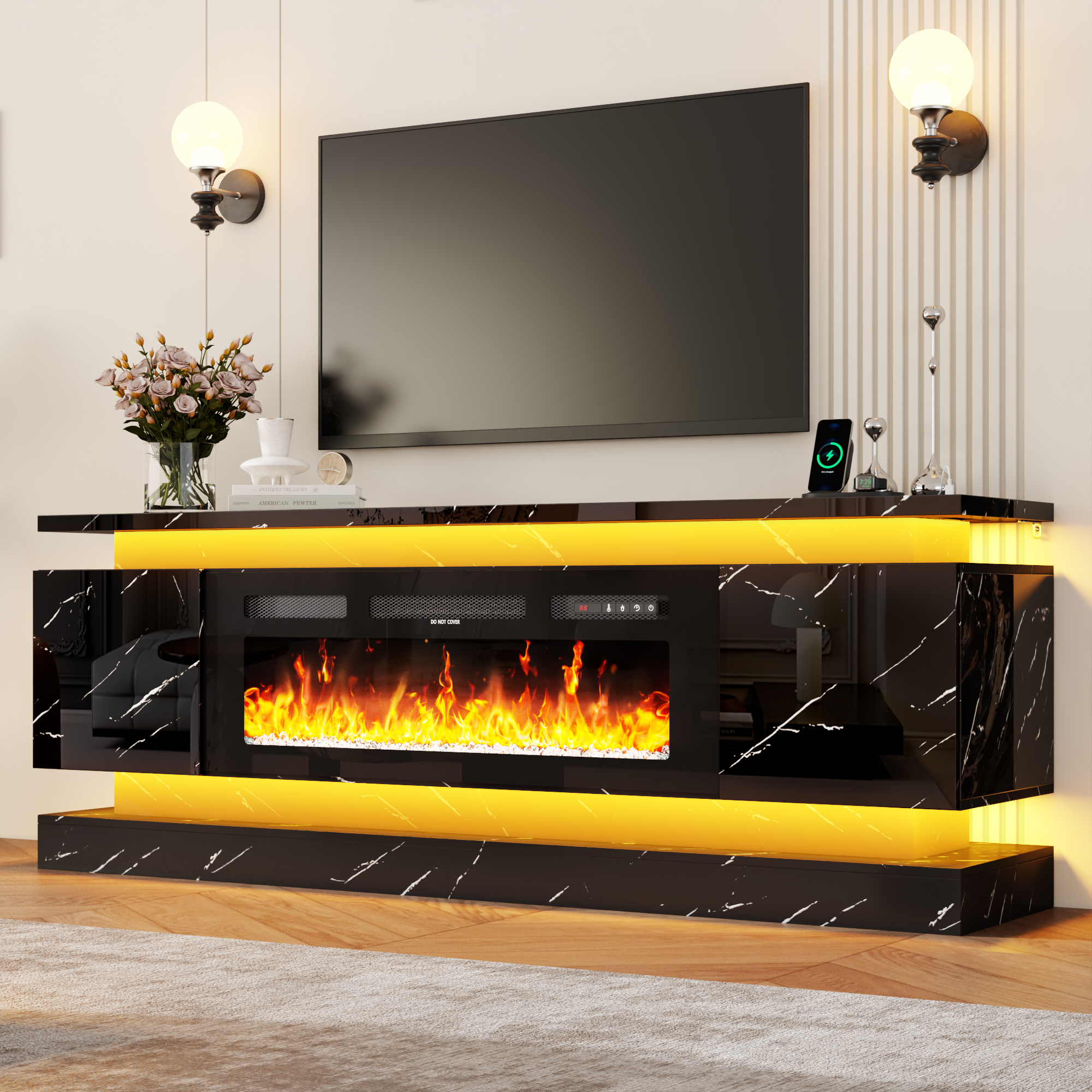Blotout 71" Fireplace TV Stand with 40" Fireplace, LED Lights & Power Outlet for 85/80/75 Inch TV, Modern Gaming Entertainment Center w/ High Gloss Cabinet, Media TV Console for Living Room, Marble