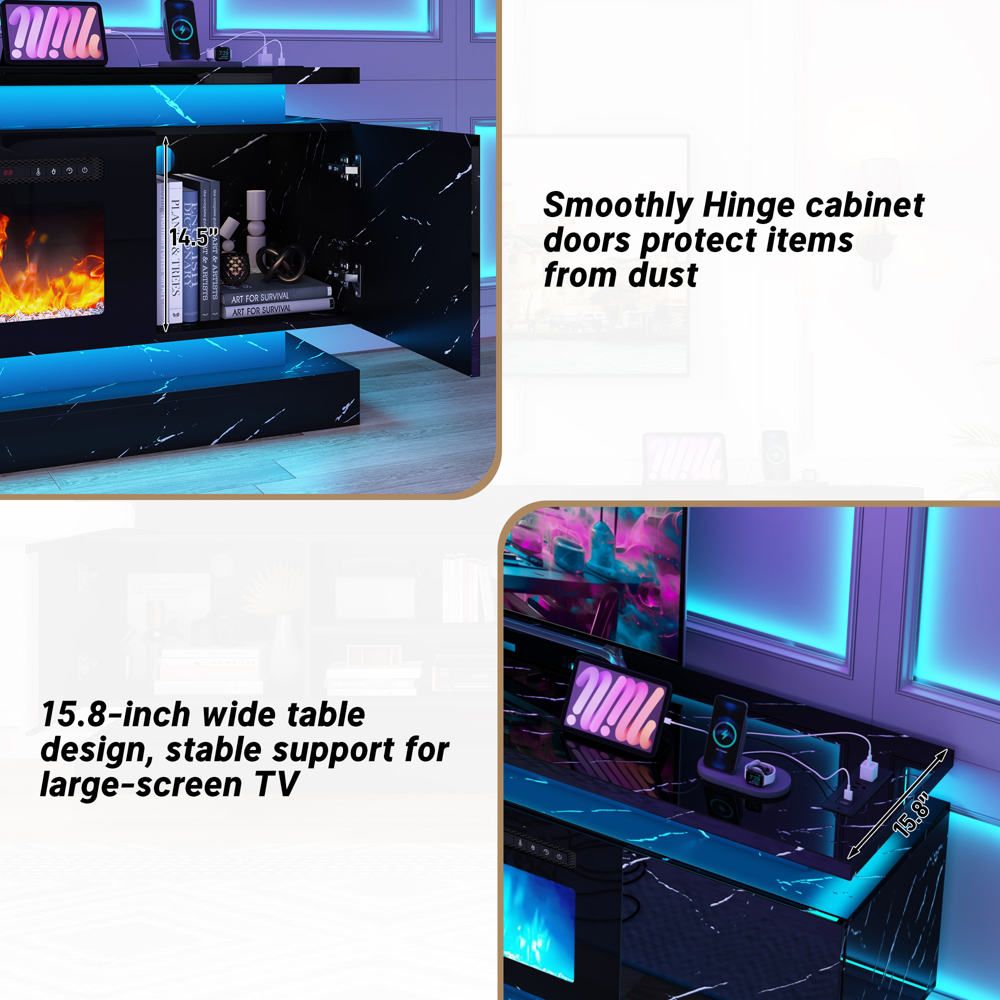 Blotout 71" Fireplace TV Stand with 40" Fireplace, LED Lights & Power Outlet for 85/80/75 Inch TV, Modern Gaming Entertainment Center w/ High Gloss Cabinet, Media TV Console for Living Room, Marble