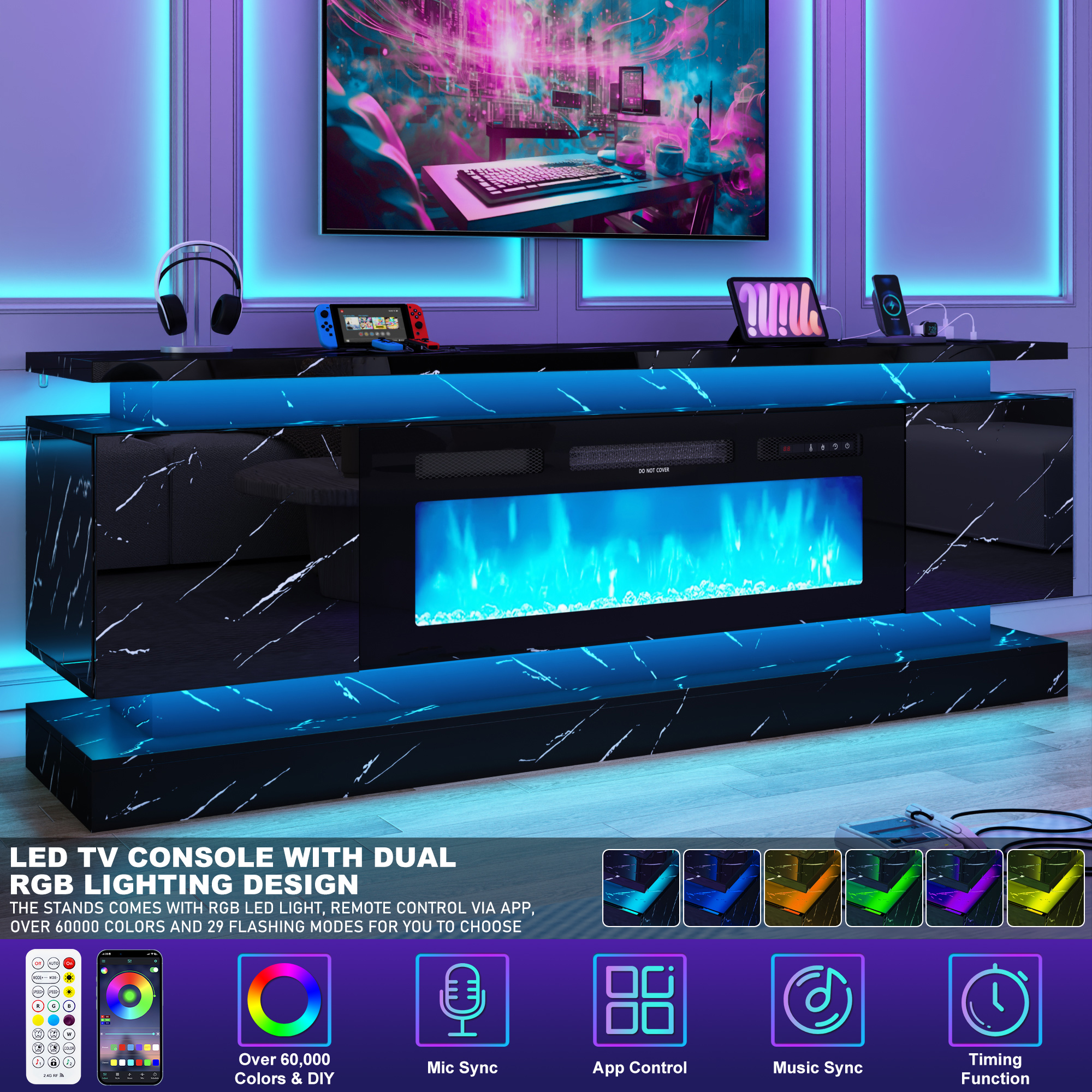 Blotout 71" Fireplace TV Stand with 40" Fireplace, LED Lights & Power Outlet for 85/80/75 Inch TV, Modern Gaming Entertainment Center w/ High Gloss Cabinet, Media TV Console for Living Room, Marble