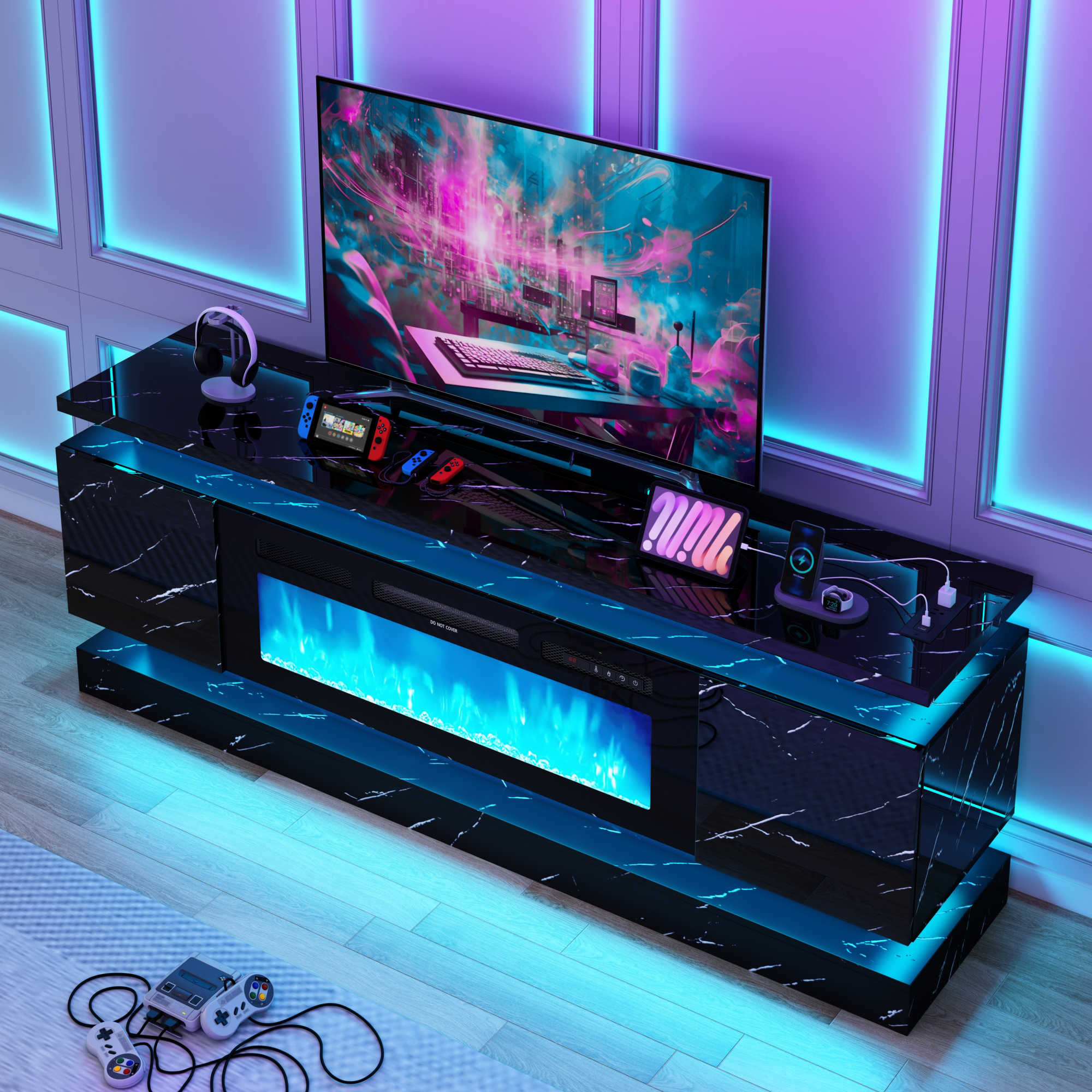 Blotout 71" Fireplace TV Stand with 40" Fireplace, LED Lights & Power Outlet for 85/80/75 Inch TV, Modern Gaming Entertainment Center w/ High Gloss Cabinet, Media TV Console for Living Room, Marble